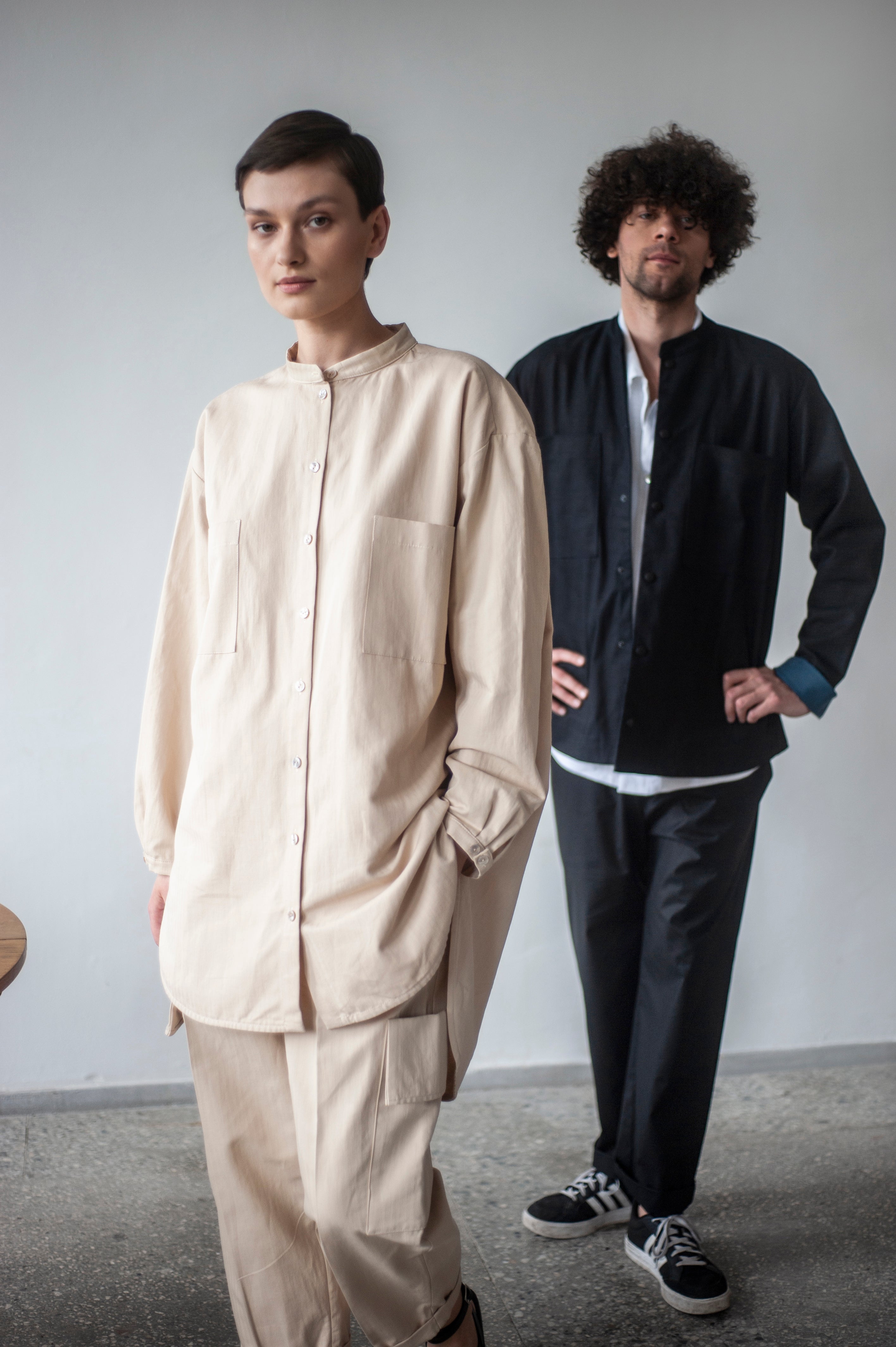Oversized style cotton overshirt with grandad collar