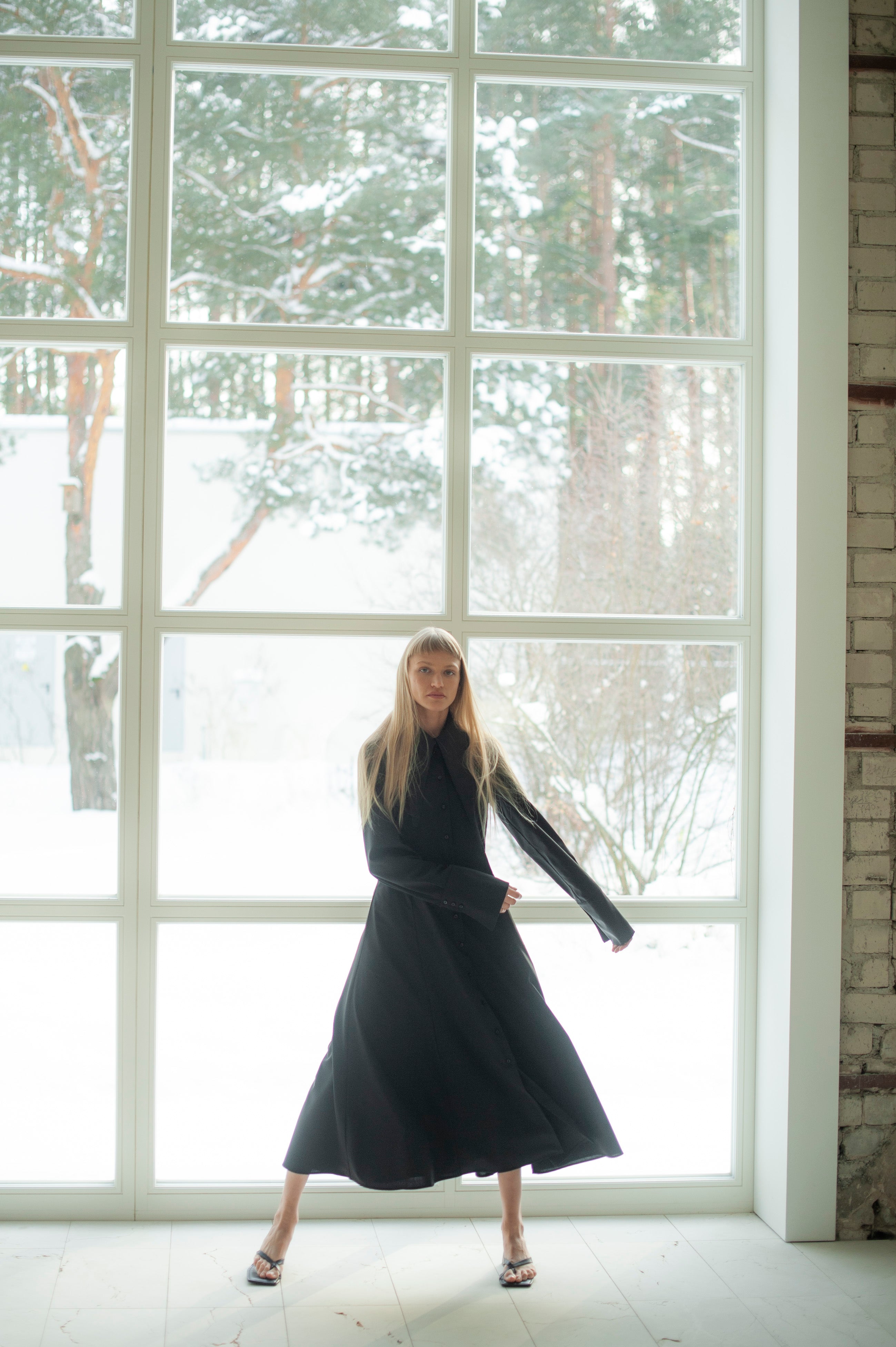 Black Wool Maxi Shirt Dress – Long Sleeve Minimalist Elegant dress with large collar