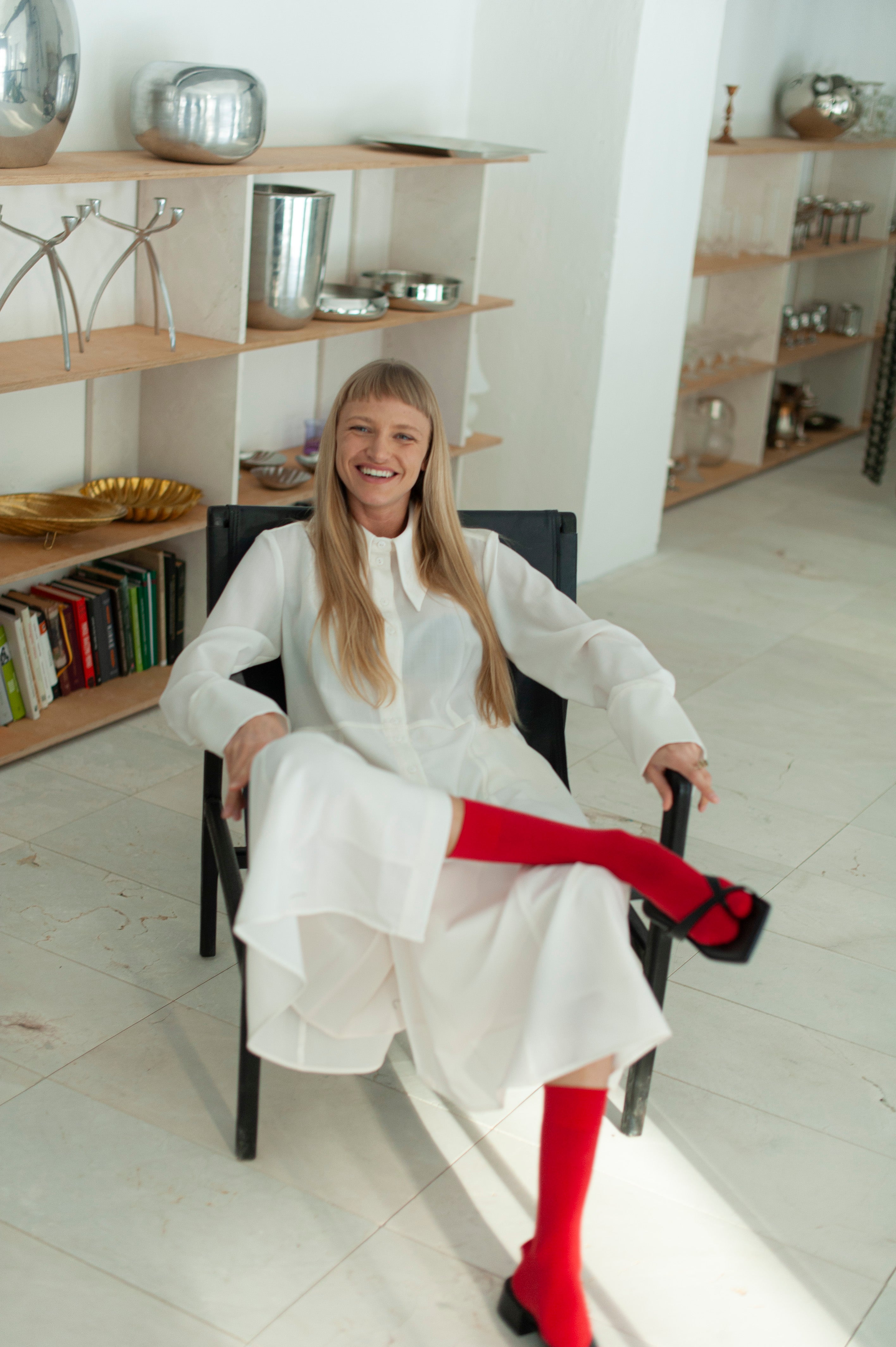 White Merino Wool Maxi Shirt Dress – Long Sleeve Minimalist Elegant dress with medium collar