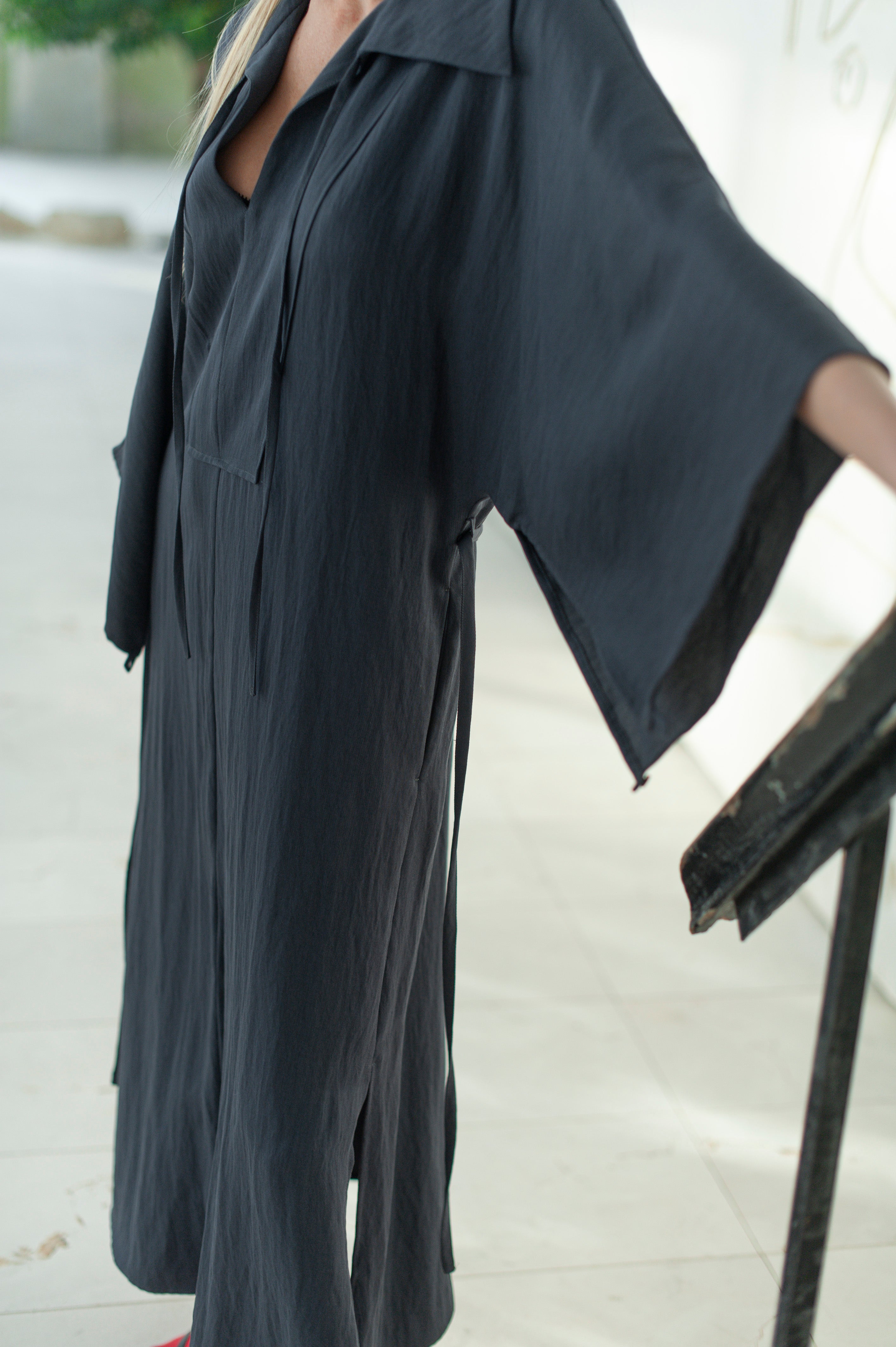 Flowy Gray Merino Wool Long Dress – Kimono Sleeve Minimalist Shirt Collar Dress