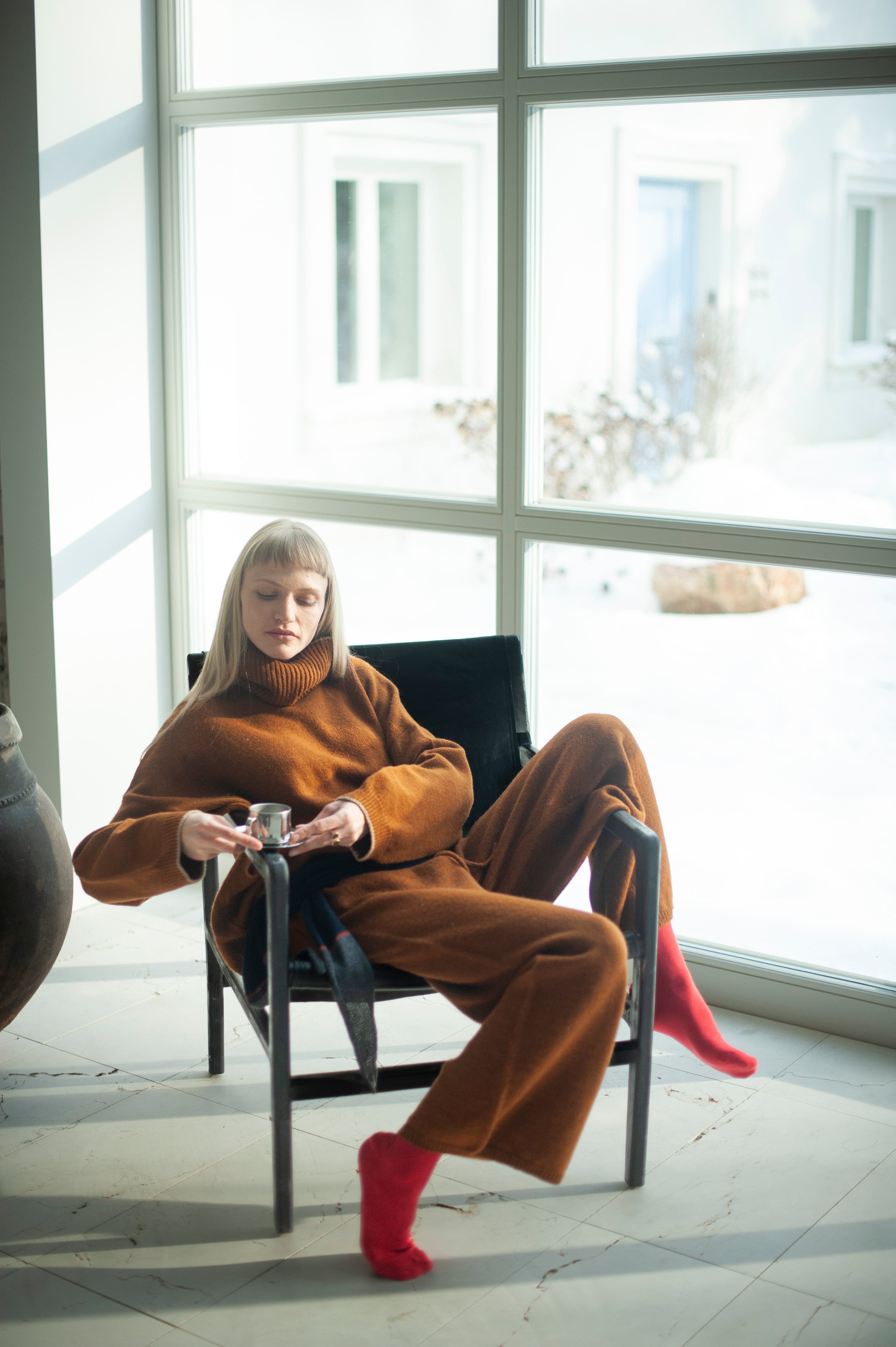 Merino Wool Lounge wear knitted suit with Palazo pants and oversized turtleneck knitted jumper