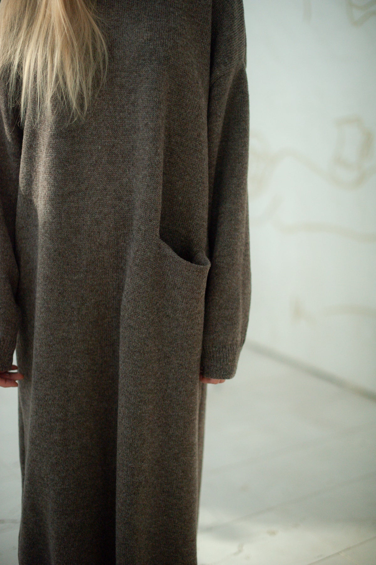 Soft Wool Oversized Long Knit Dress with Pocket | Brown Melange