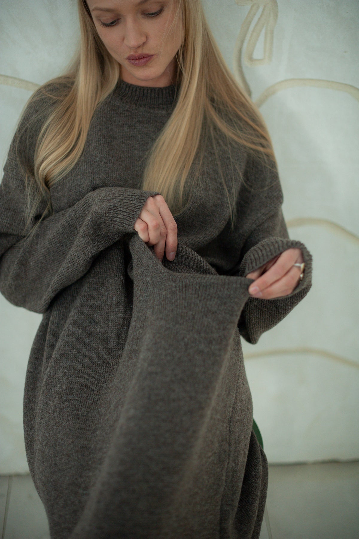 Soft Wool Oversized Long Knit Dress with Pocket | Brown Melange