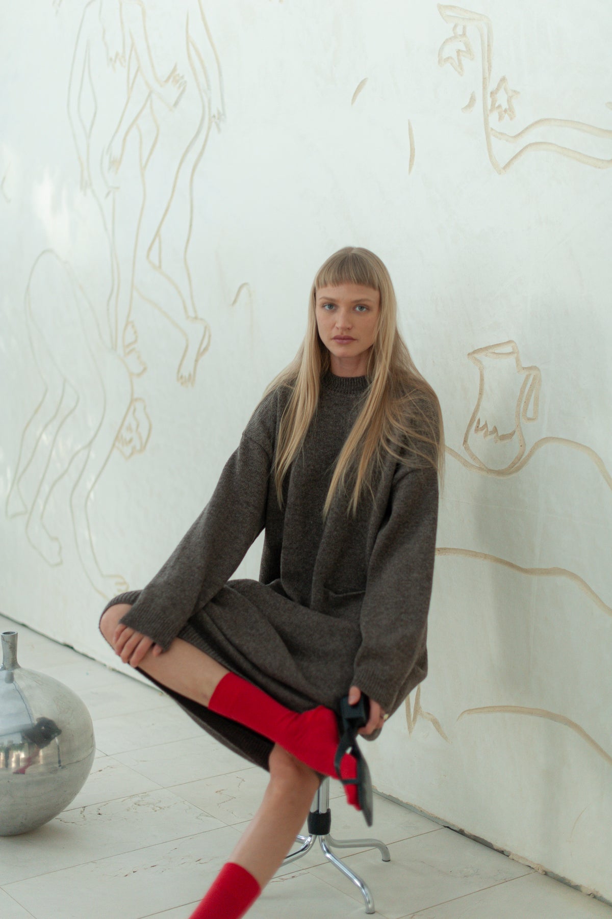 Soft Wool Oversized Long Knit Dress with Pocket | Brown Melange