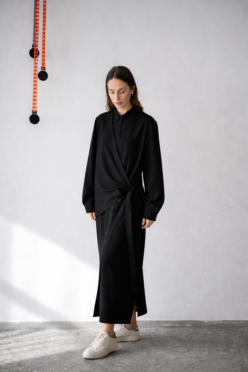 Long sleeve button-up wool dress with wrap vest detail