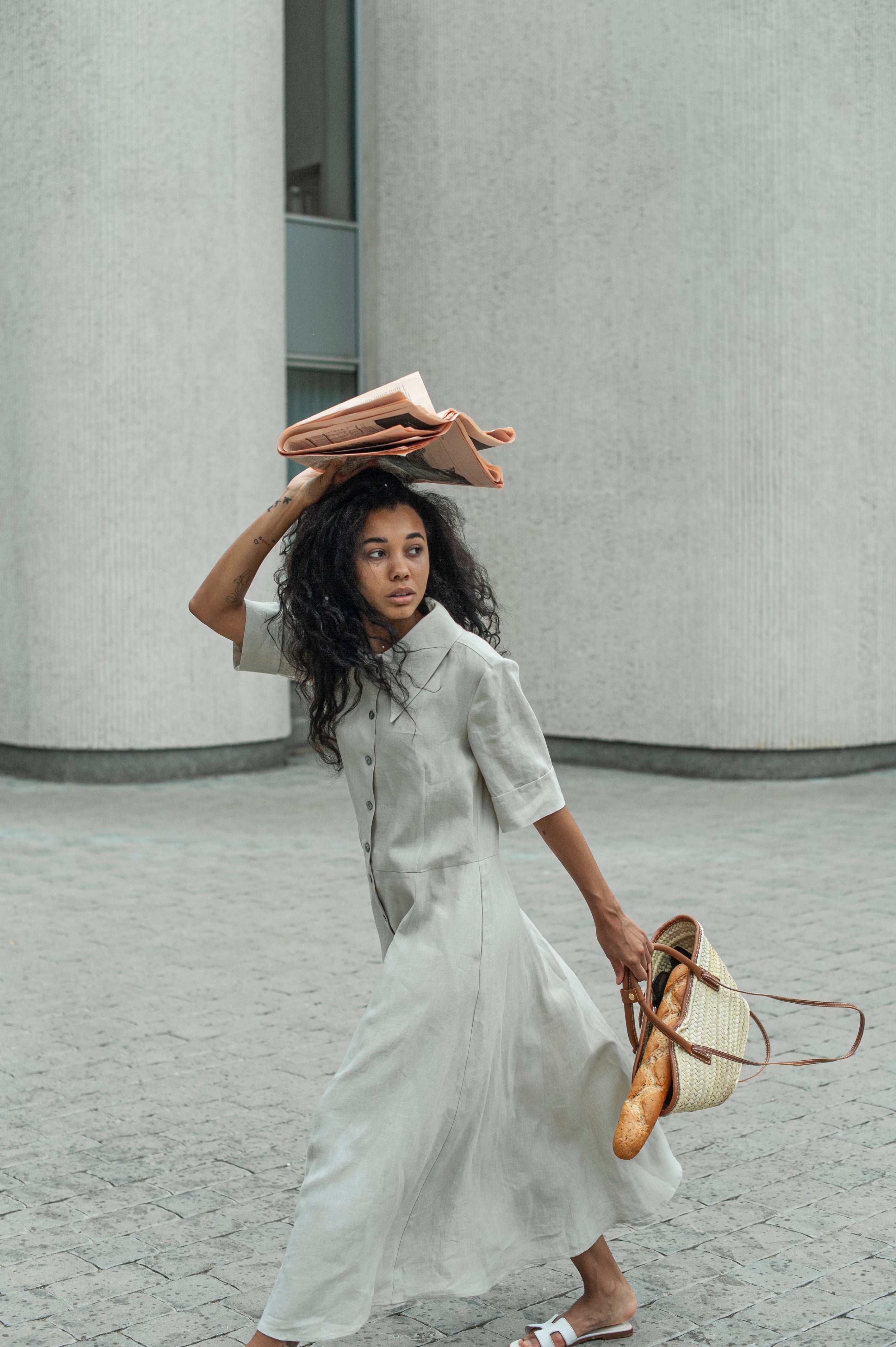 Long Linen Shirt Dress with Short Sleeves & Side Pockets in Black