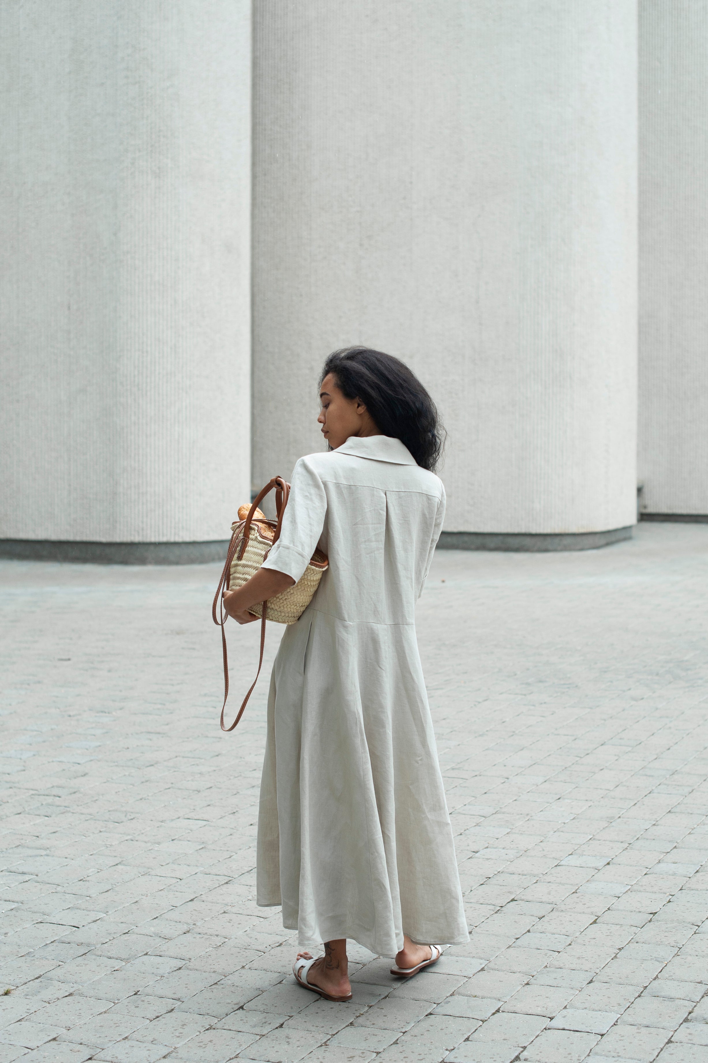 Maxi Elegant Linen Shirt Dress with Short Sleeves & Side Pockets in Beige