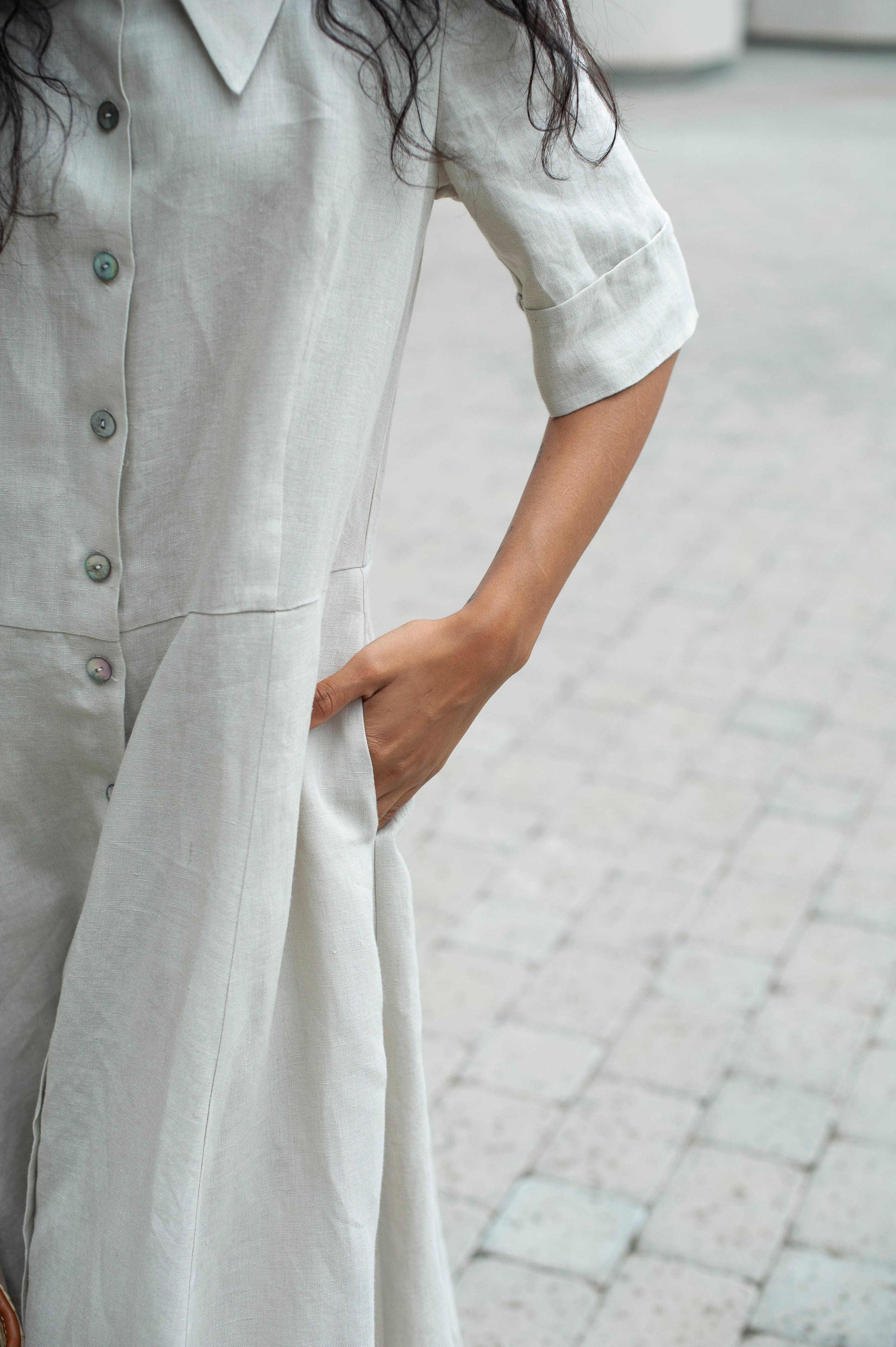 Long Linen Shirt Dress with Short Sleeves & Side Pockets in Black
