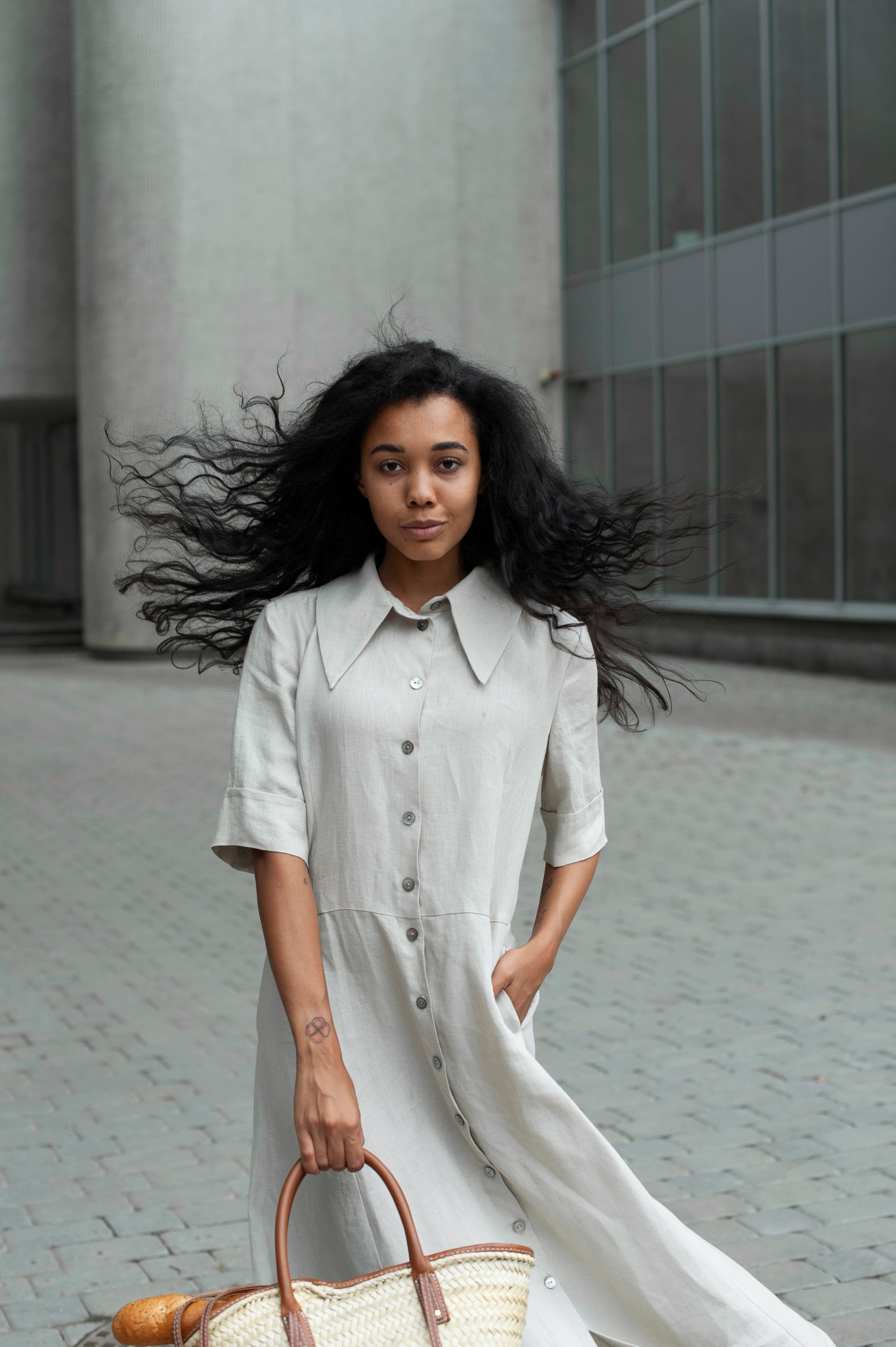 Long Linen Shirt Dress with Short Sleeves & Side Pockets in Black