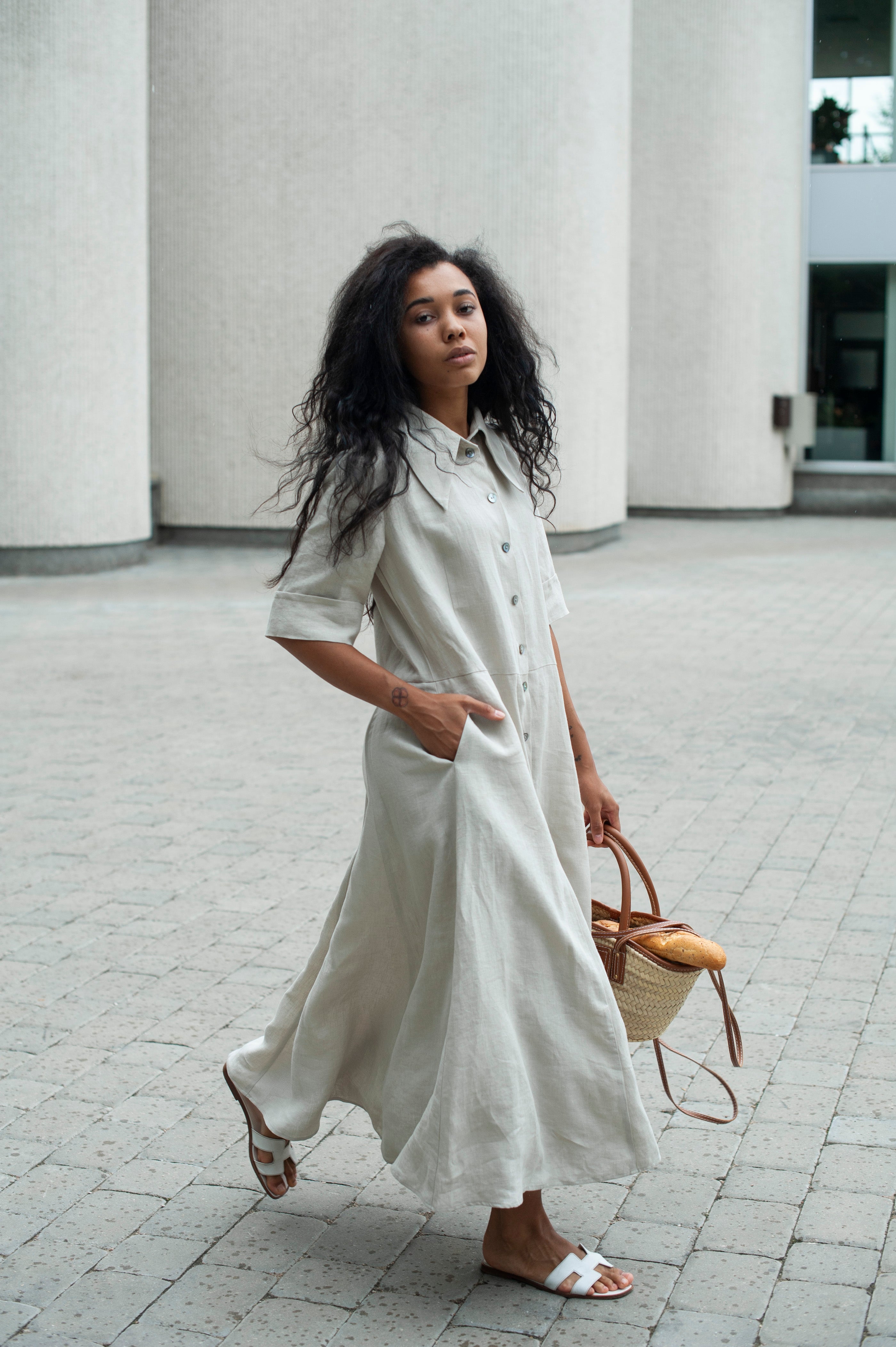 Long Linen Shirt Dress with Short Sleeves & Side Pockets in Black