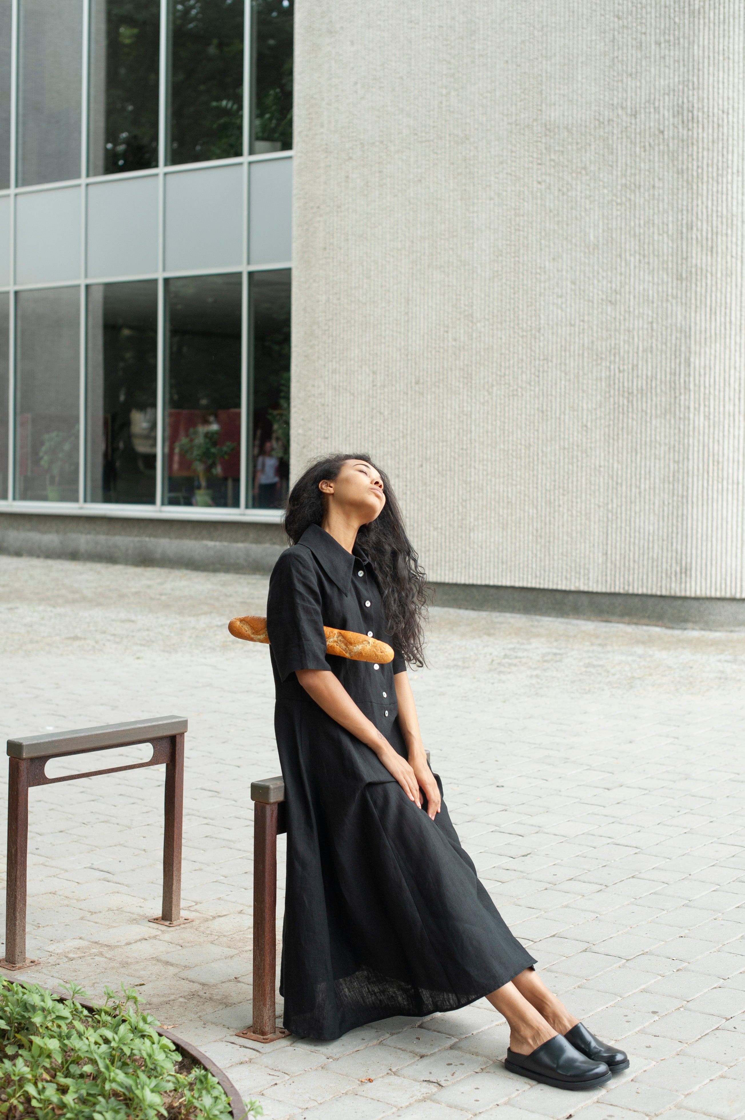 Long Linen Shirt Dress with Short Sleeves & Side Pockets in Black