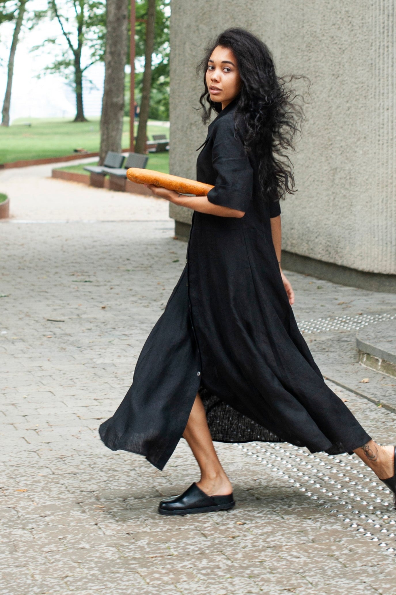 black linen maxi dress with front button