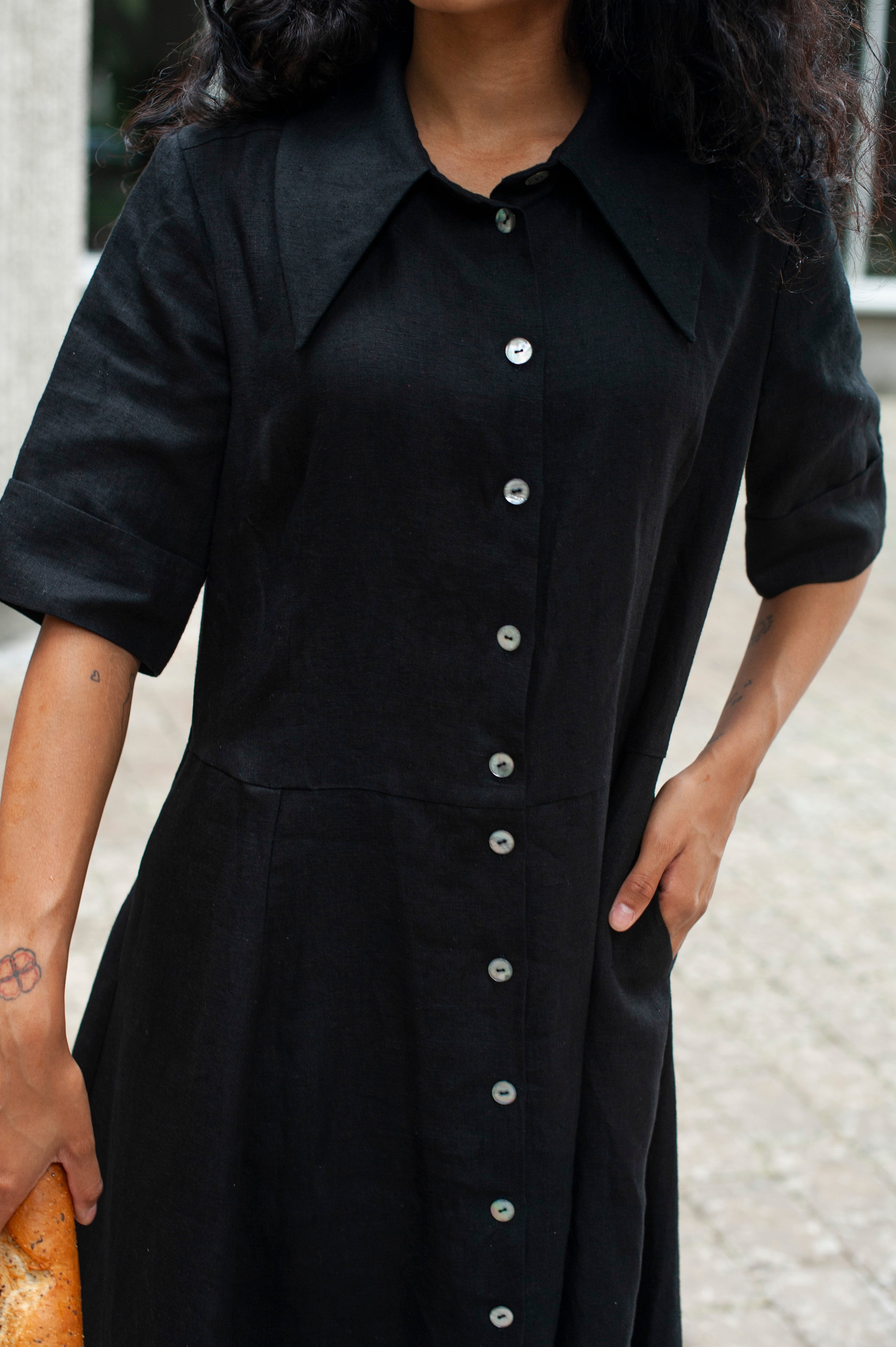 black linen maxi dress with front button