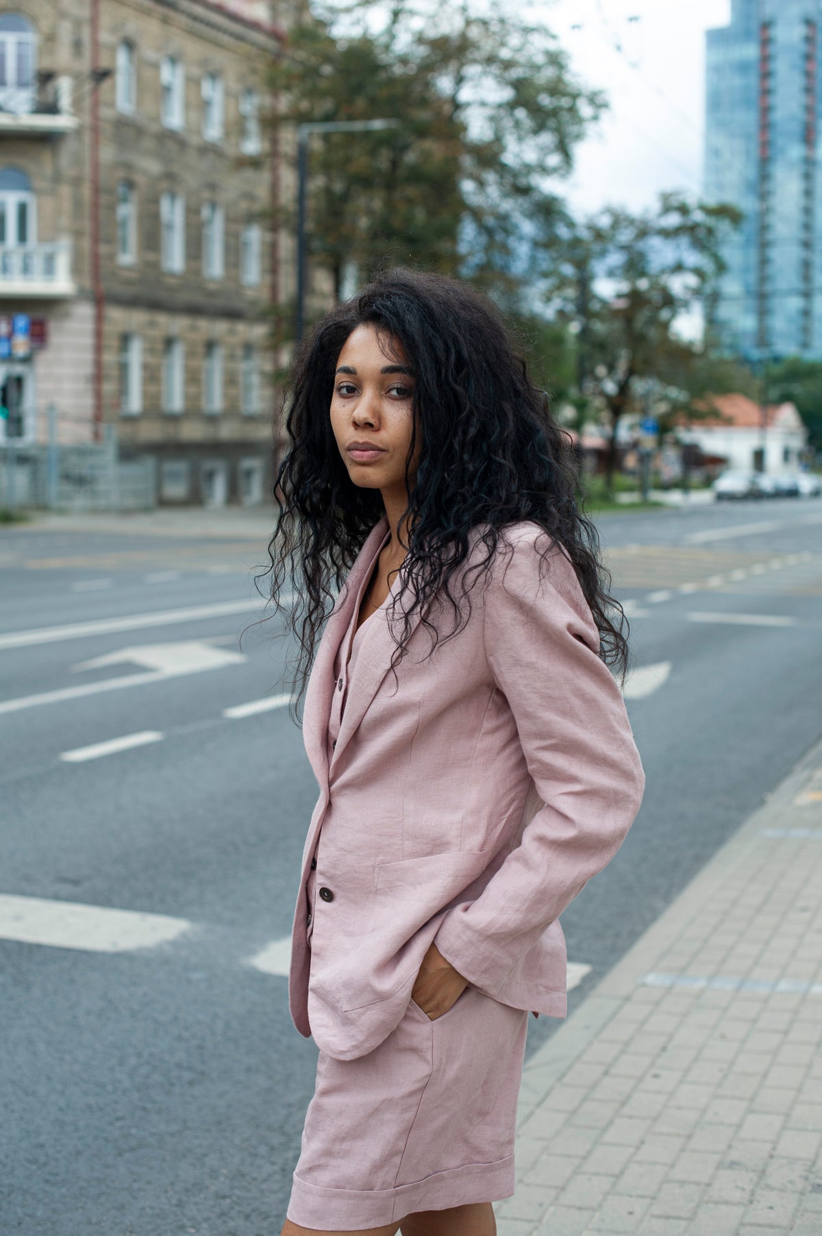 Women's Dusty Pink Linen Blazer with Pockets