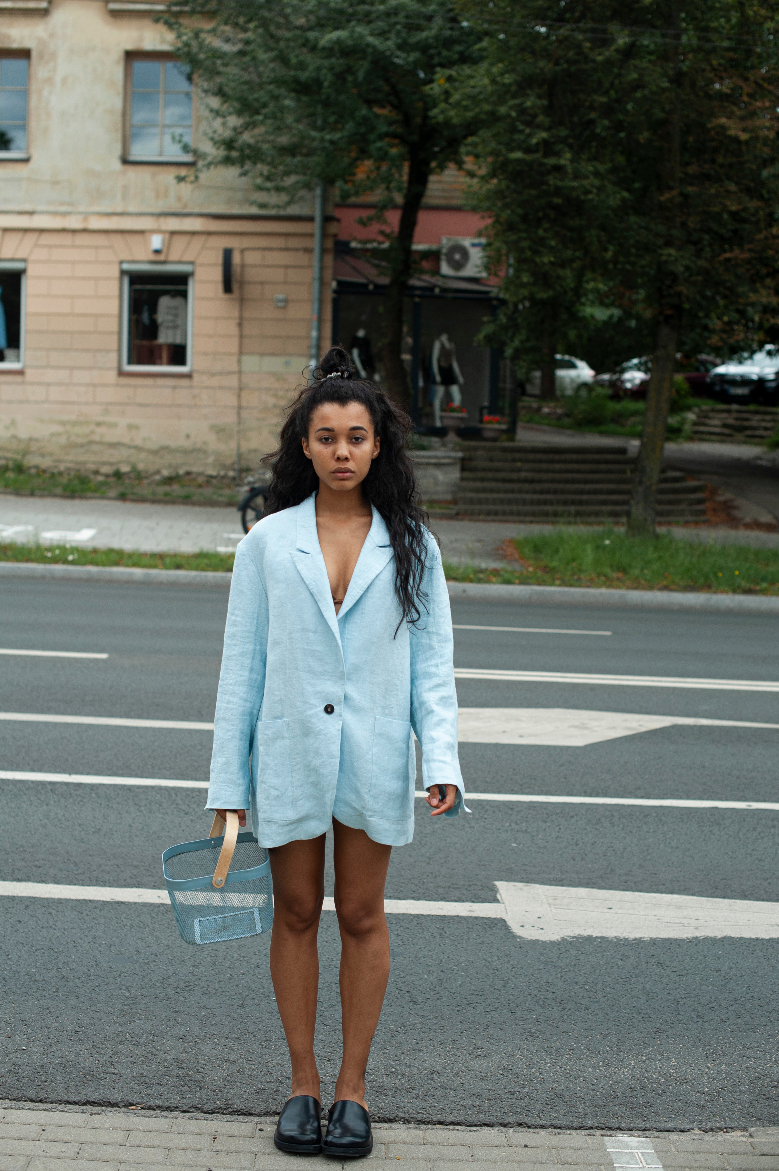 Women's Relaxed Fit Linen summer blazer in sky blue heavy linen
