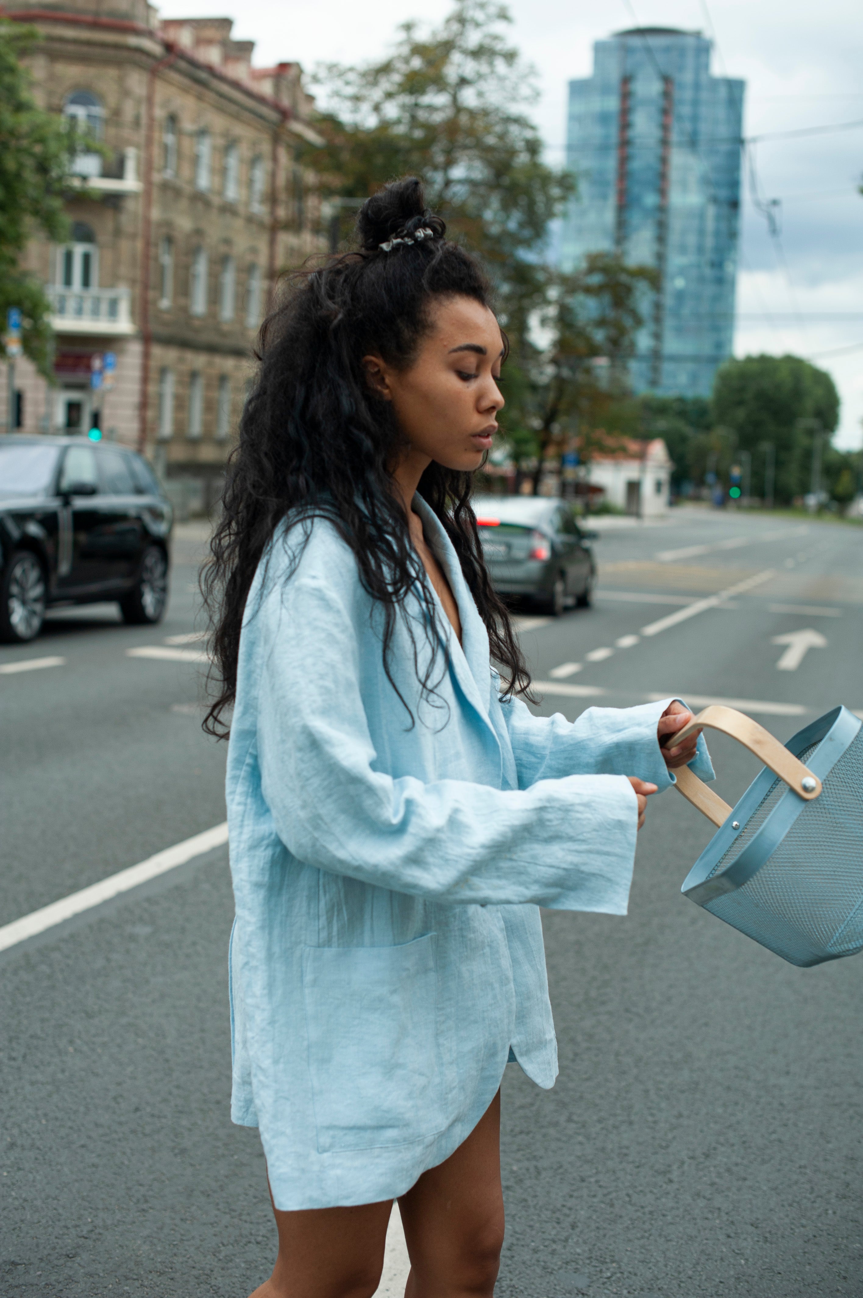 Women's Relaxed Fit Linen summer blazer in sky blue heavy linen