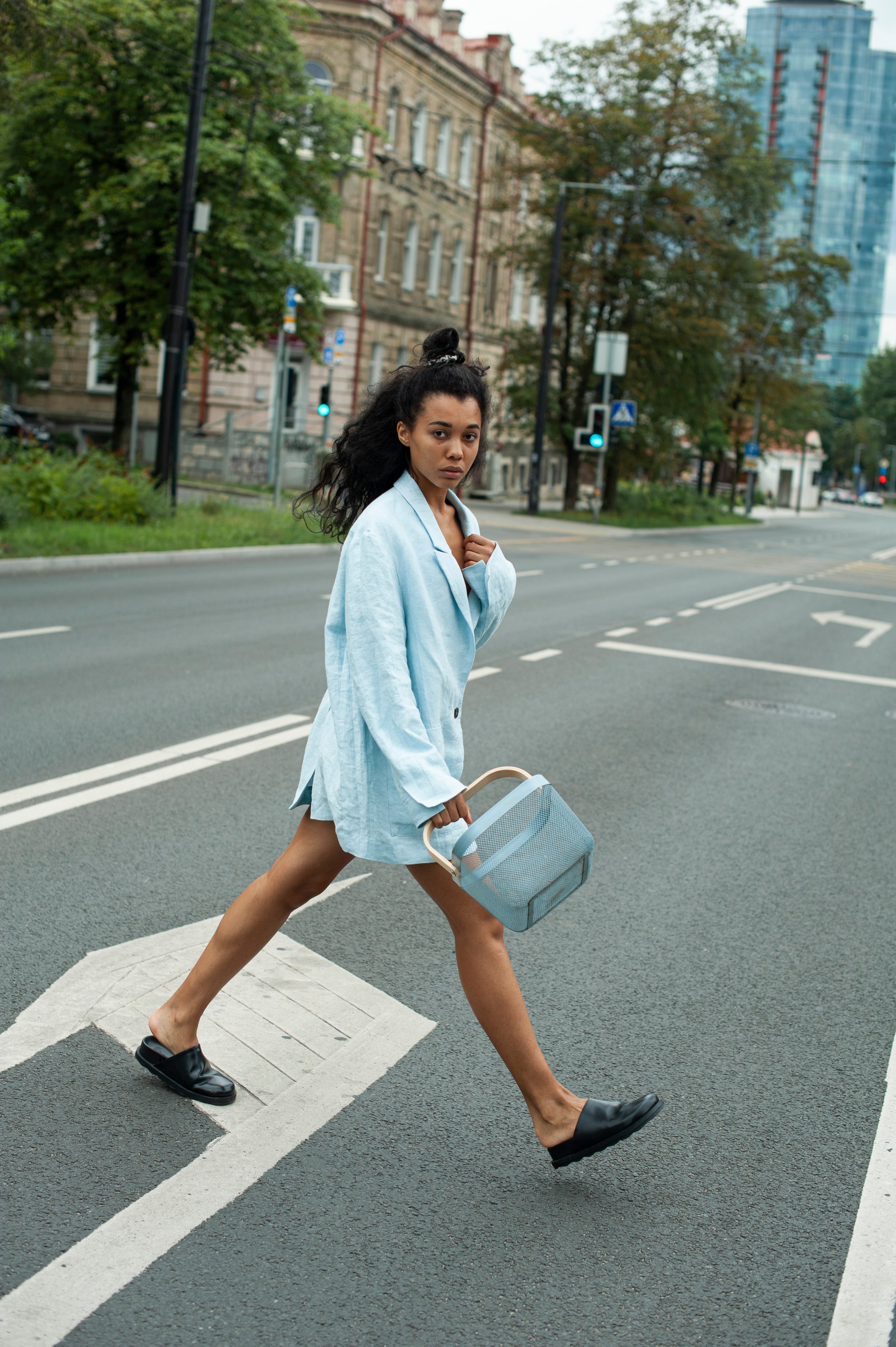 Women's Relaxed Fit Linen summer blazer in sky blue heavy linen