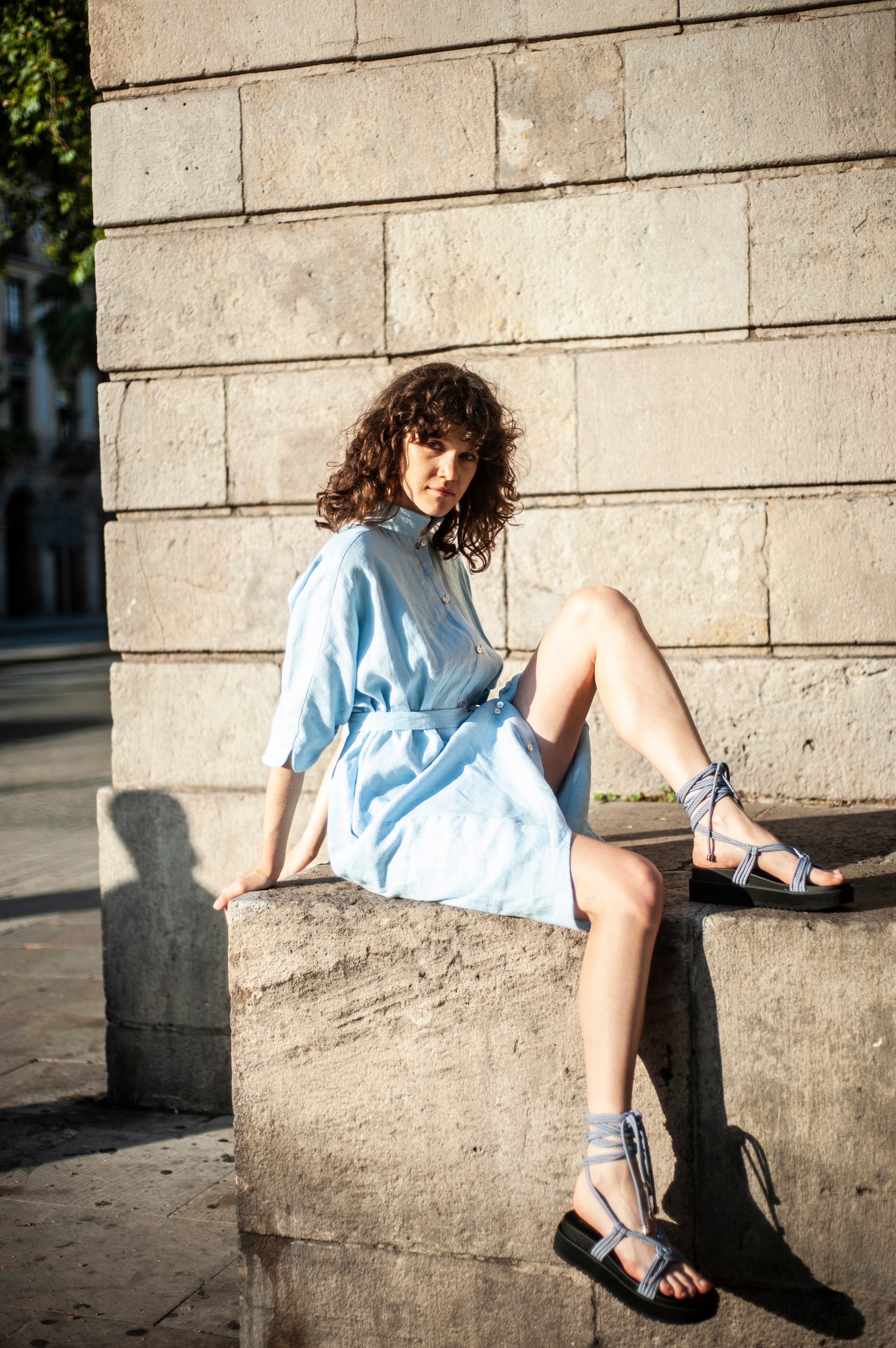 Casual yet elegant linen shirt dress with a waist sash