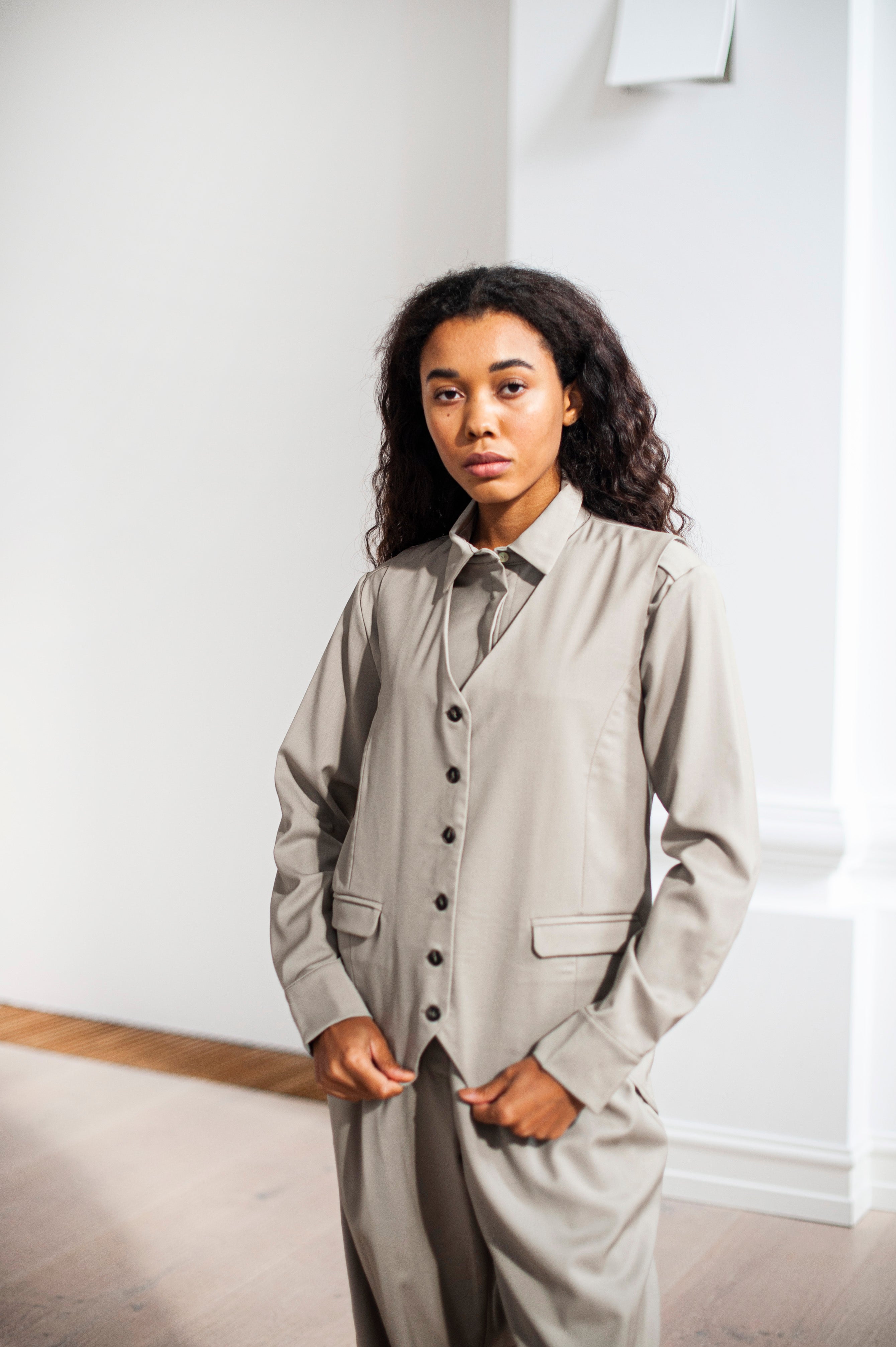 A wool shirt paired with a matching waistcoat. Perfect go-to for office or any other occasion.