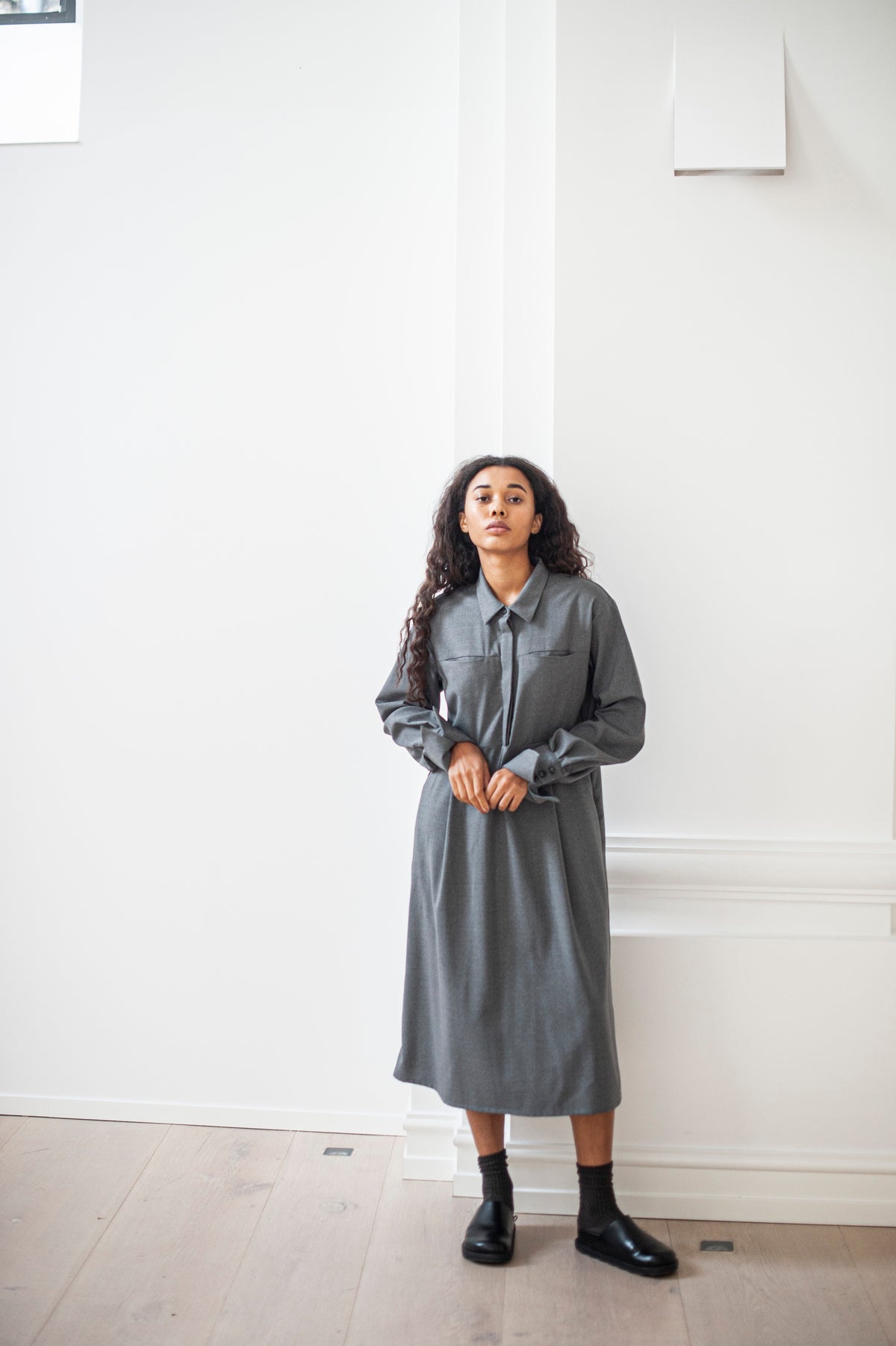 Pleated Grey Shirt Dress with Pockets