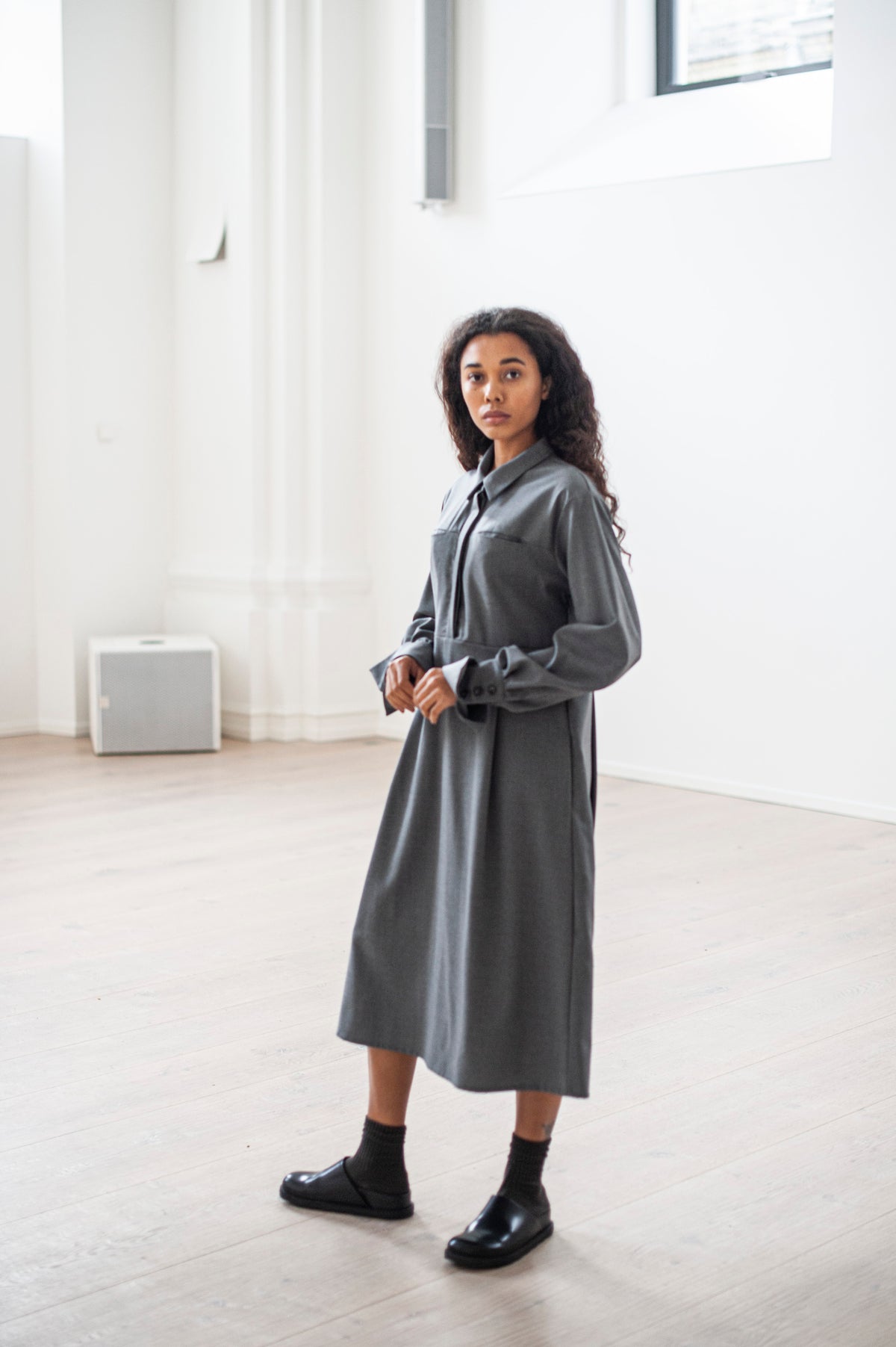 Pleated Grey Shirt Dress with Pockets