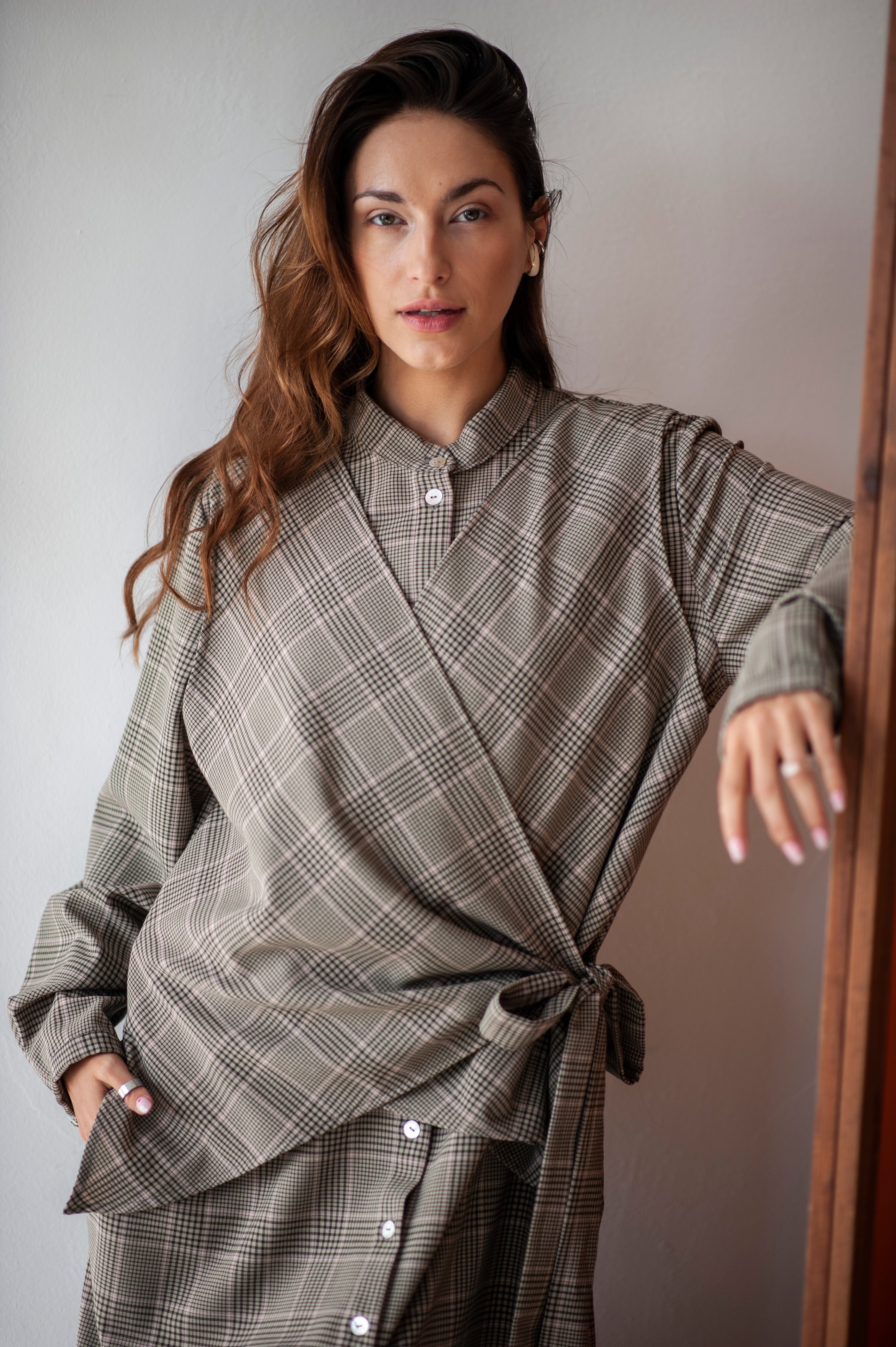Plaid wool dress with a vest detail in the front. A-line silhouette for extra elegance and comfort.