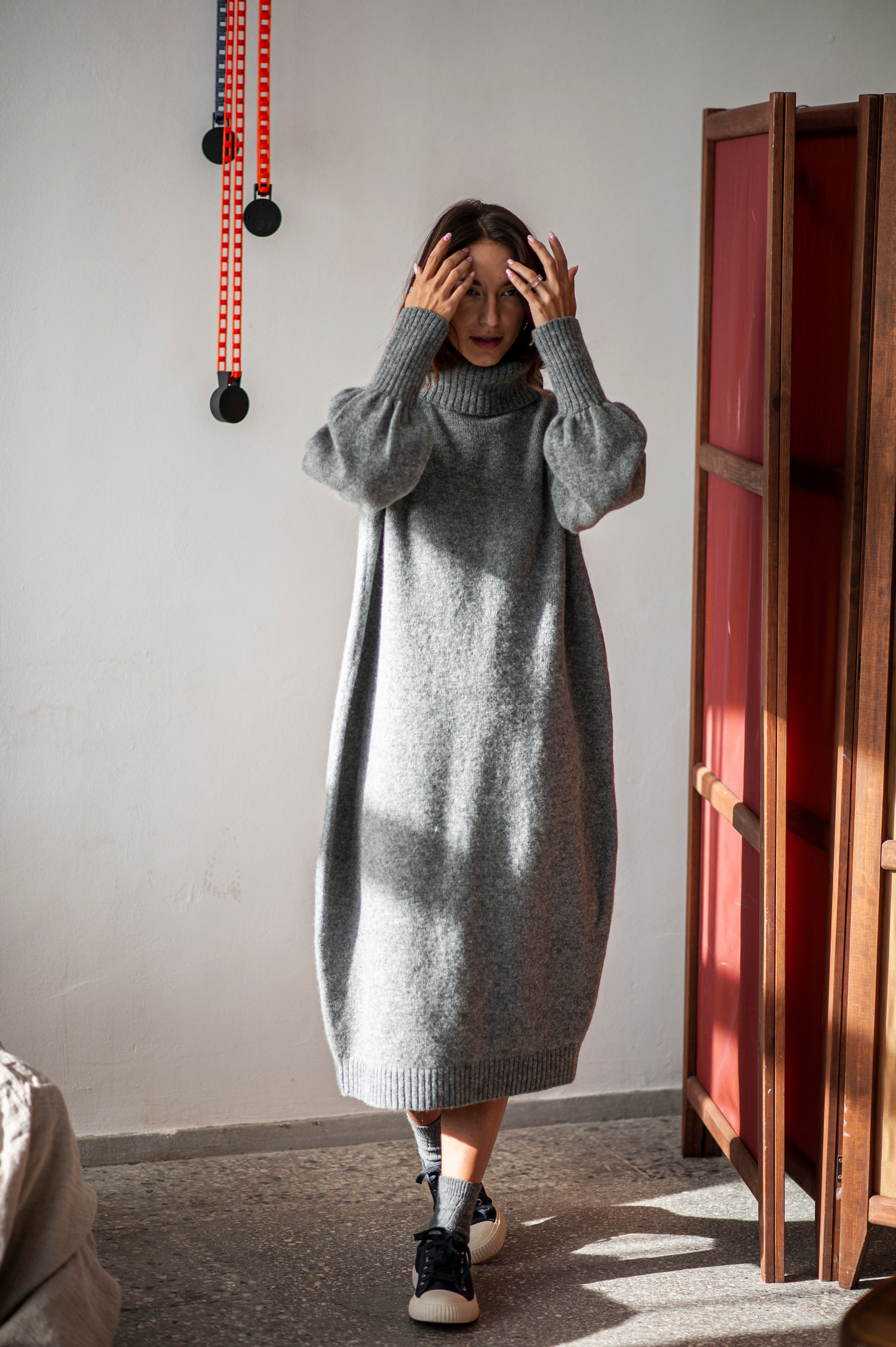 Merino wool knitted turtleneck sweater long dress SANA