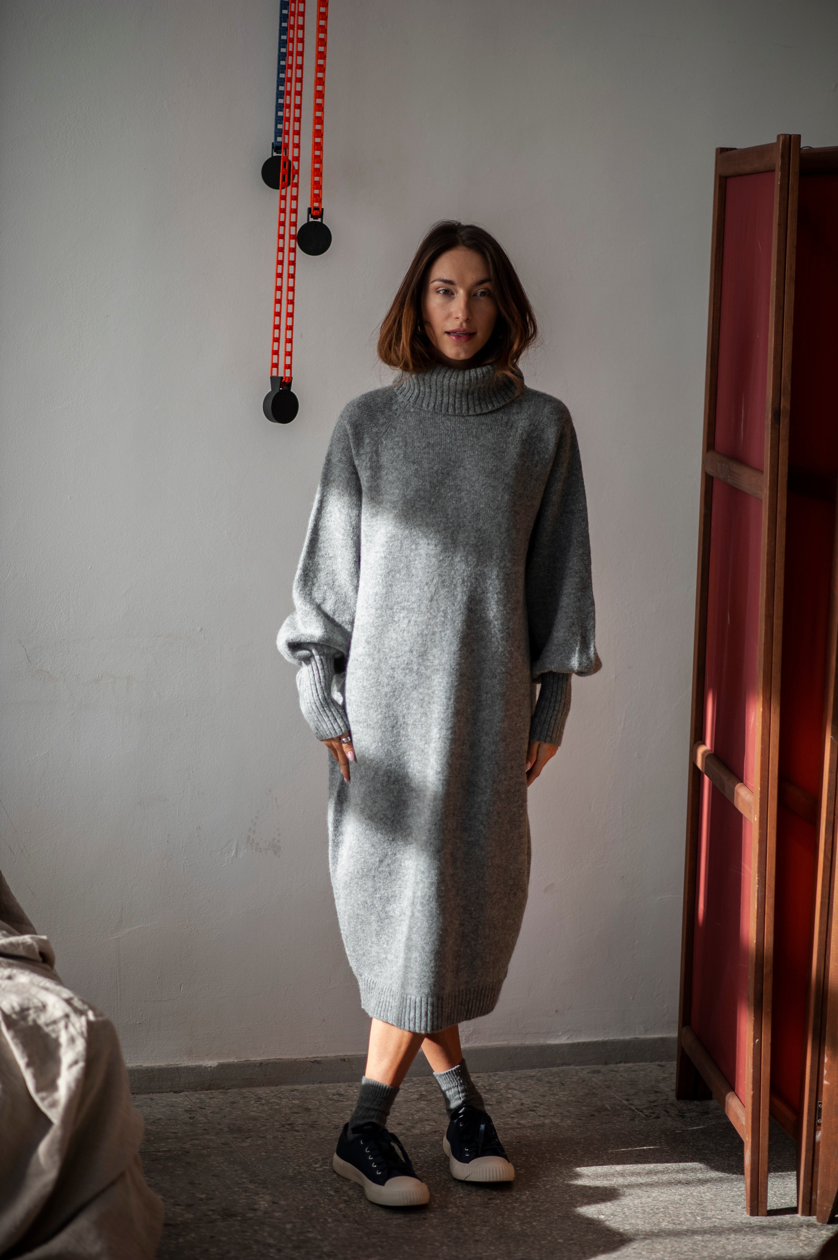 Merino wool knitted turtleneck sweater long dress SANA