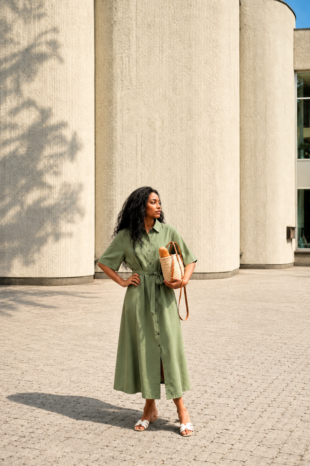 Linen Shirt Dress with Short Sleeves & Side Pockets in olive green