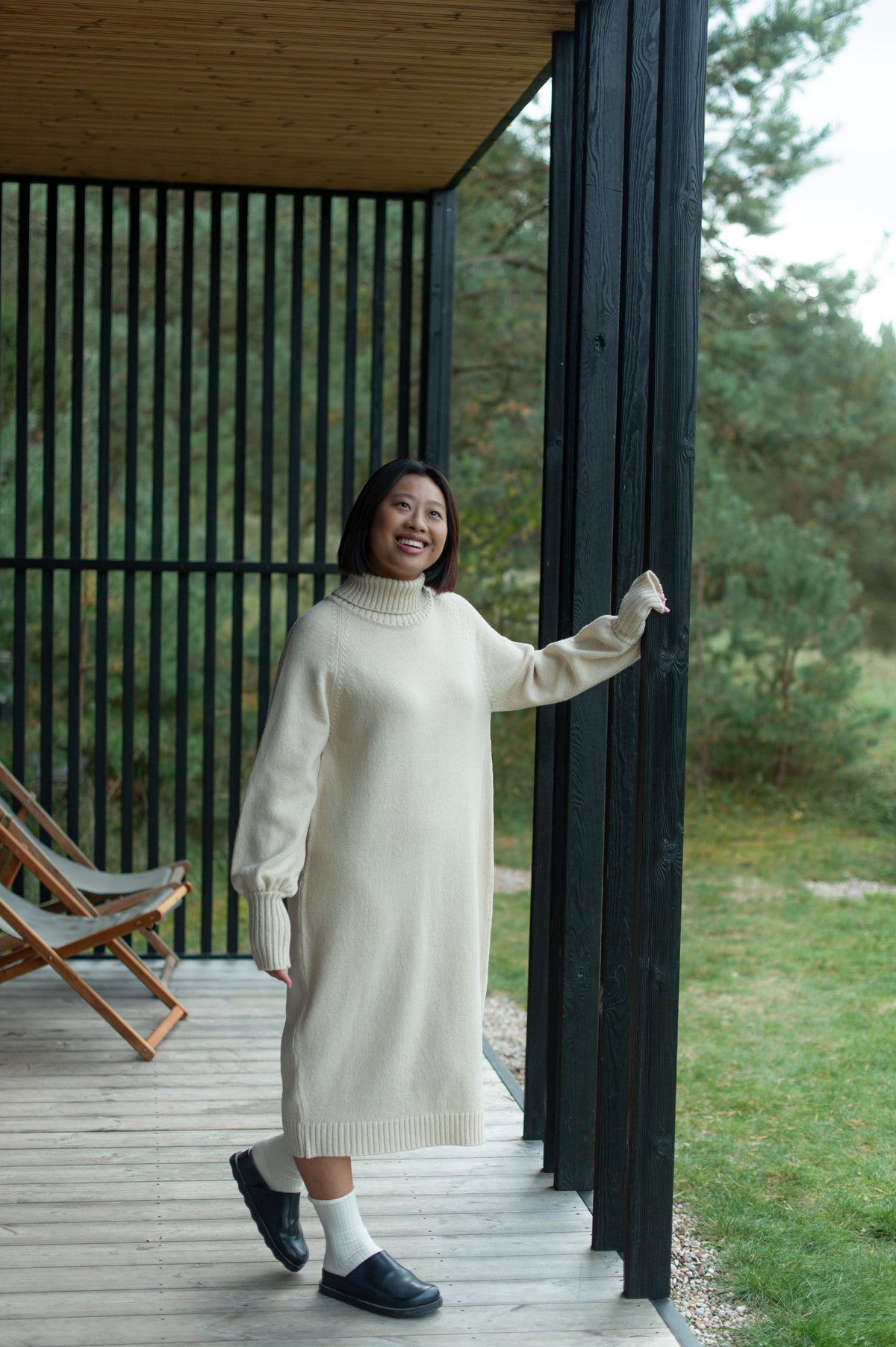 Organic Merino Wool Long Knit Dress with Balloon Sleeves