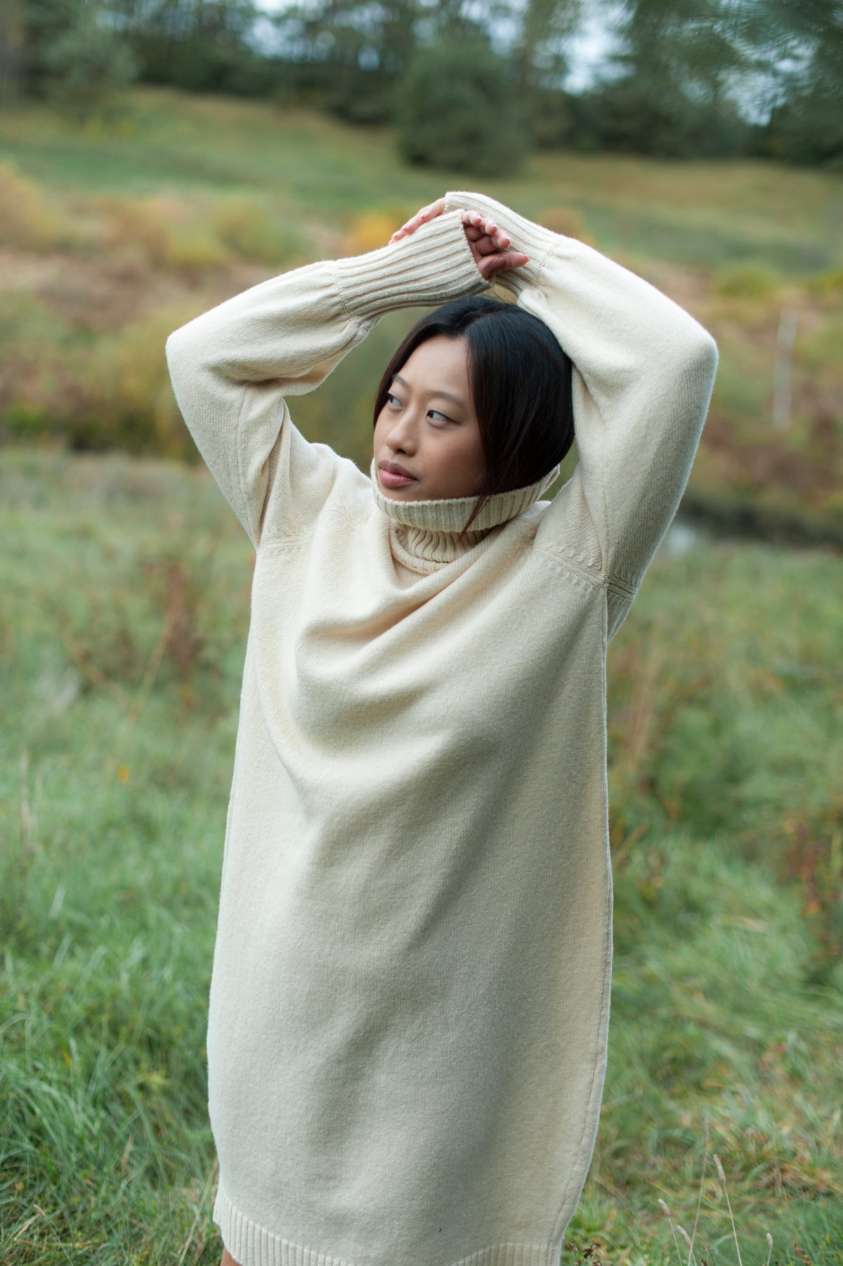 Organic Merino Wool Long Knit Dress with Balloon Sleeves | Camel