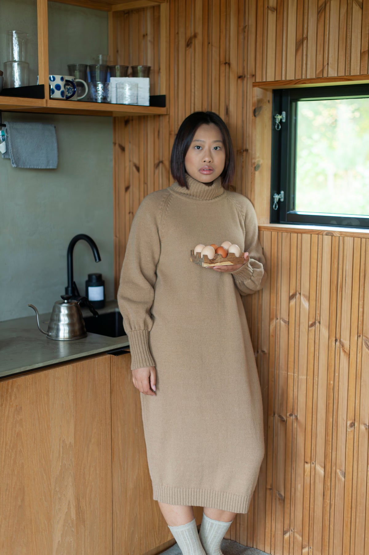 Organic Merino Wool Long Knit Dress with Balloon Sleeves | Camel