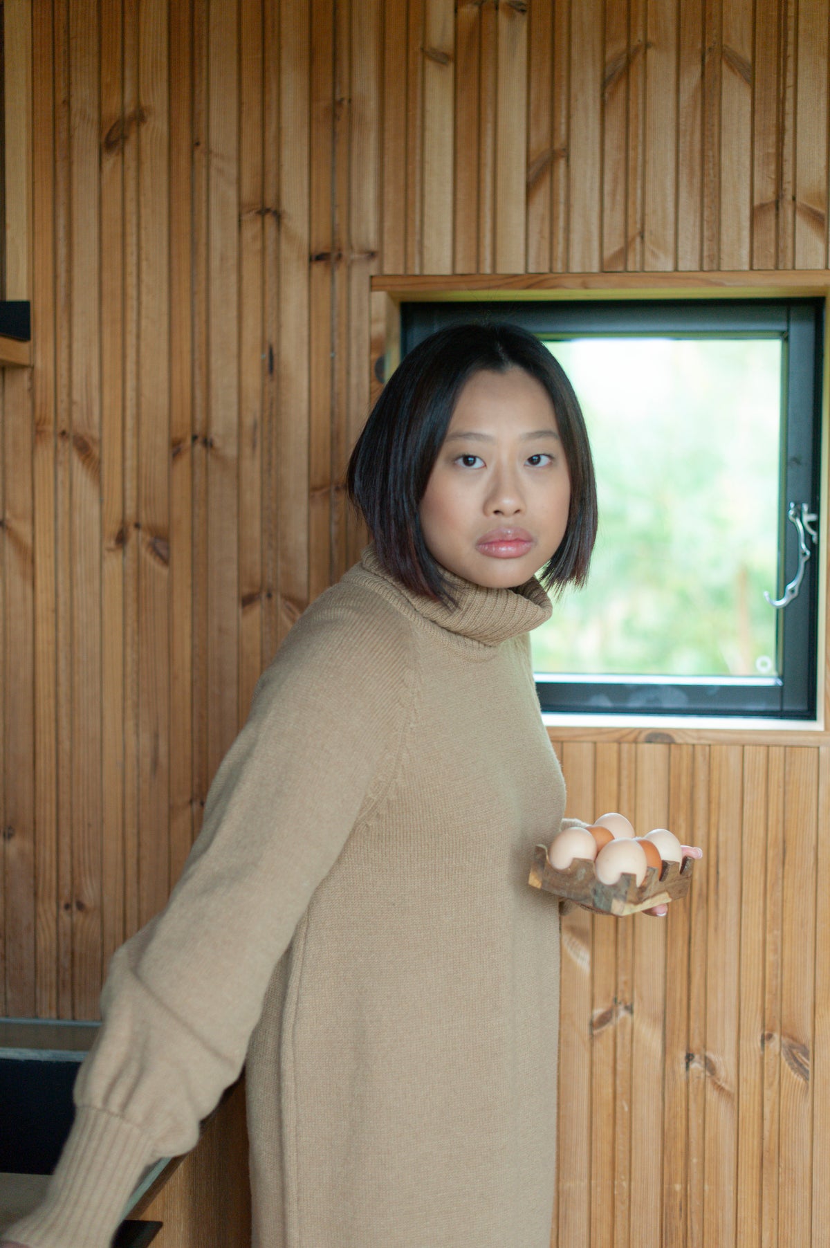 Organic Merino Wool Long Knit Dress with Balloon Sleeves | Camel