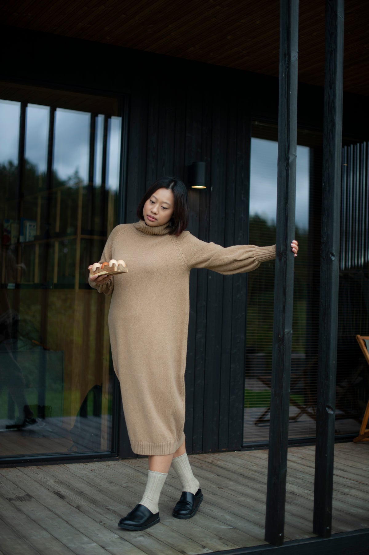Organic Merino Wool Long Knit Dress with Balloon Sleeves | Camel