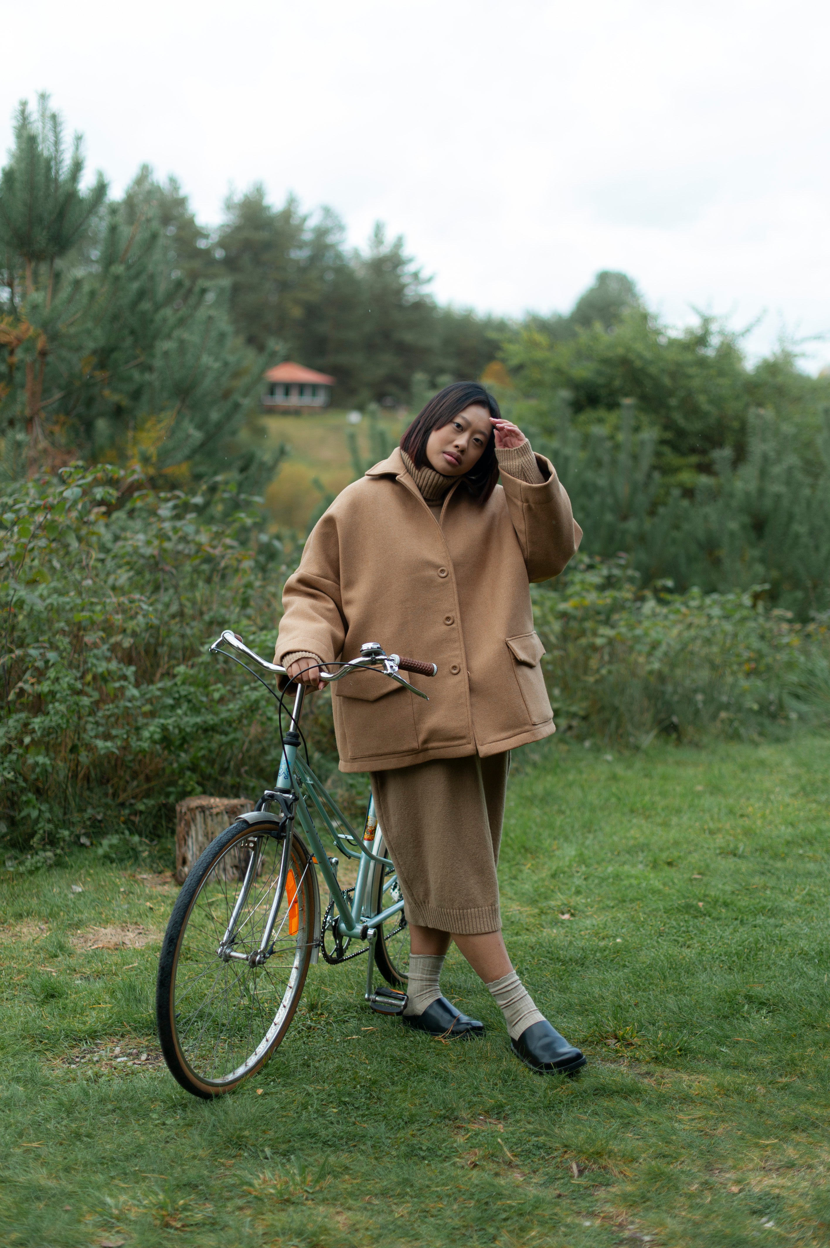Minimalist camel color boxy jacket made of double cloth wool