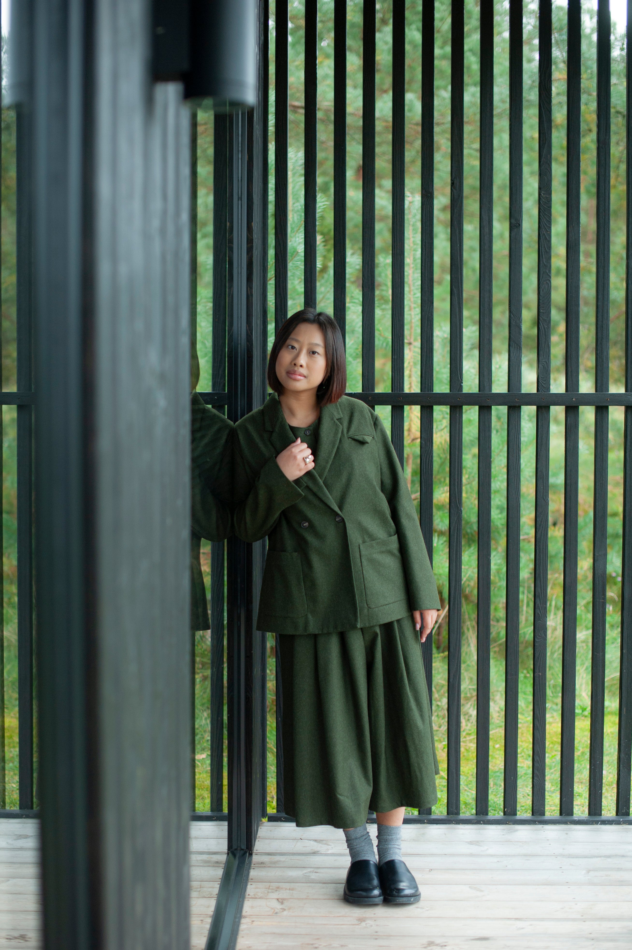 Green double-breasted blazer and matching pleated culottes