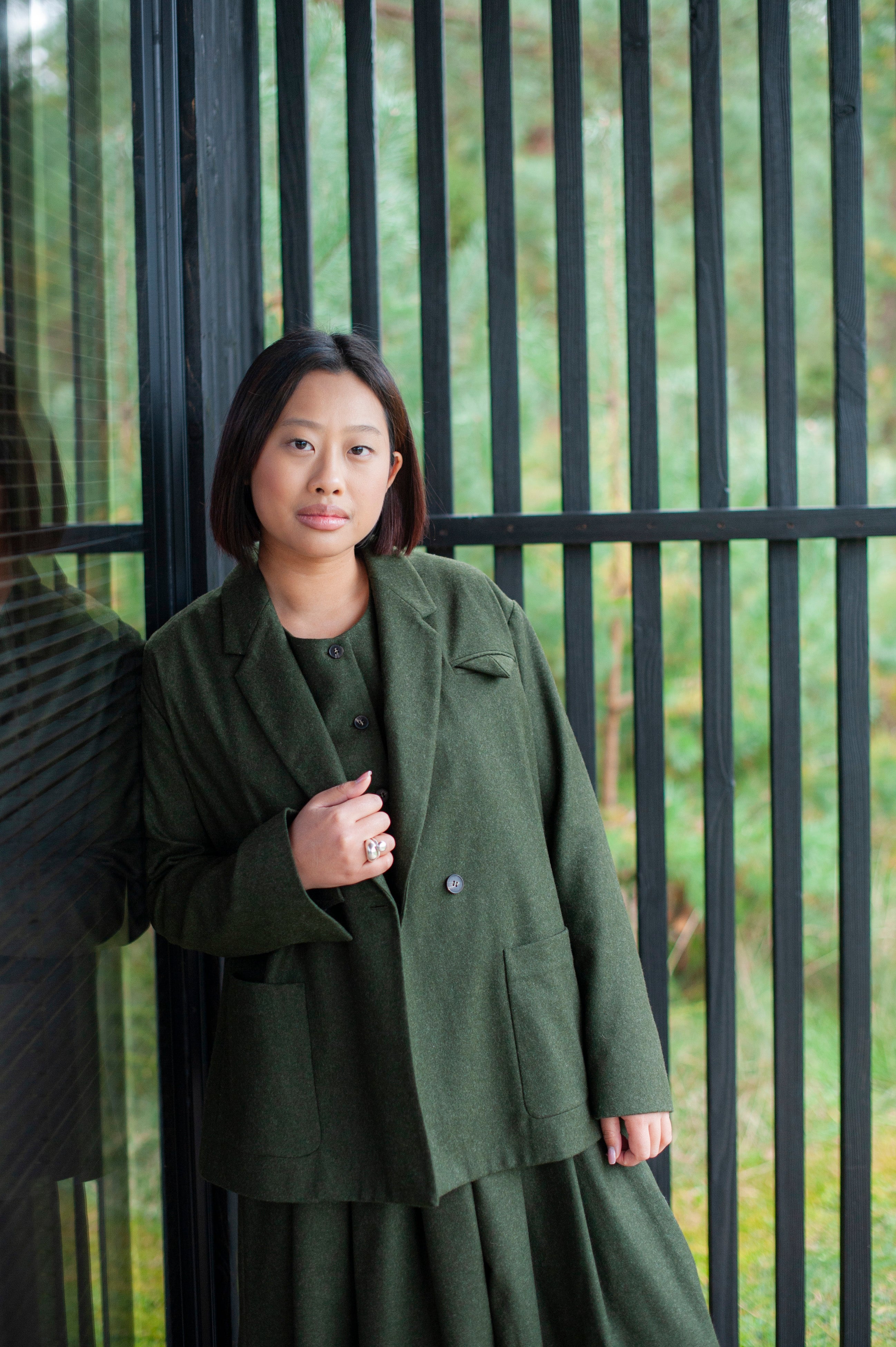 Green double-breasted wool blend blazer pair with pleated culottes