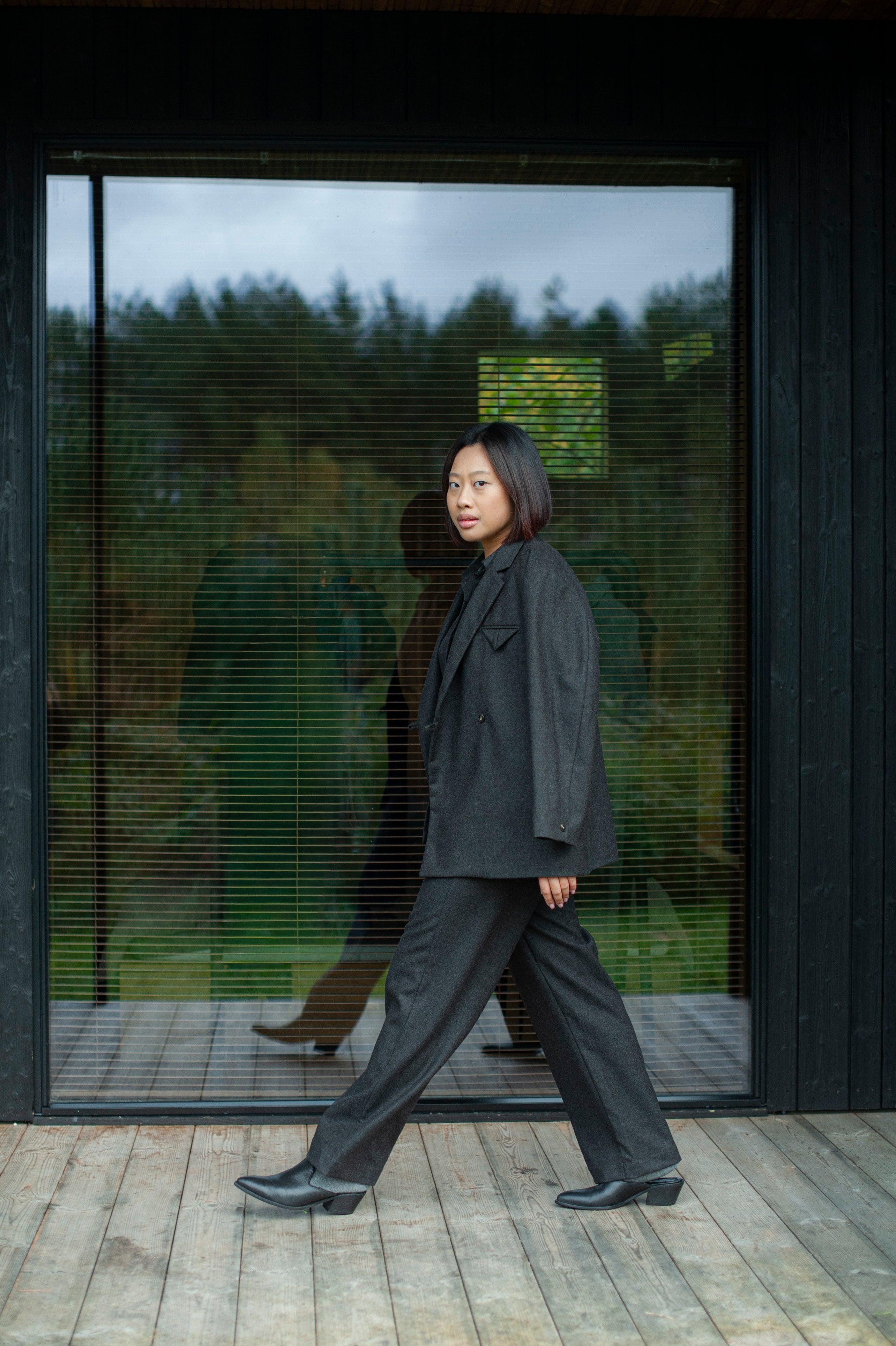 Three-piece brown wool blend set: blazer, straight-cut pants, and collar shirt.