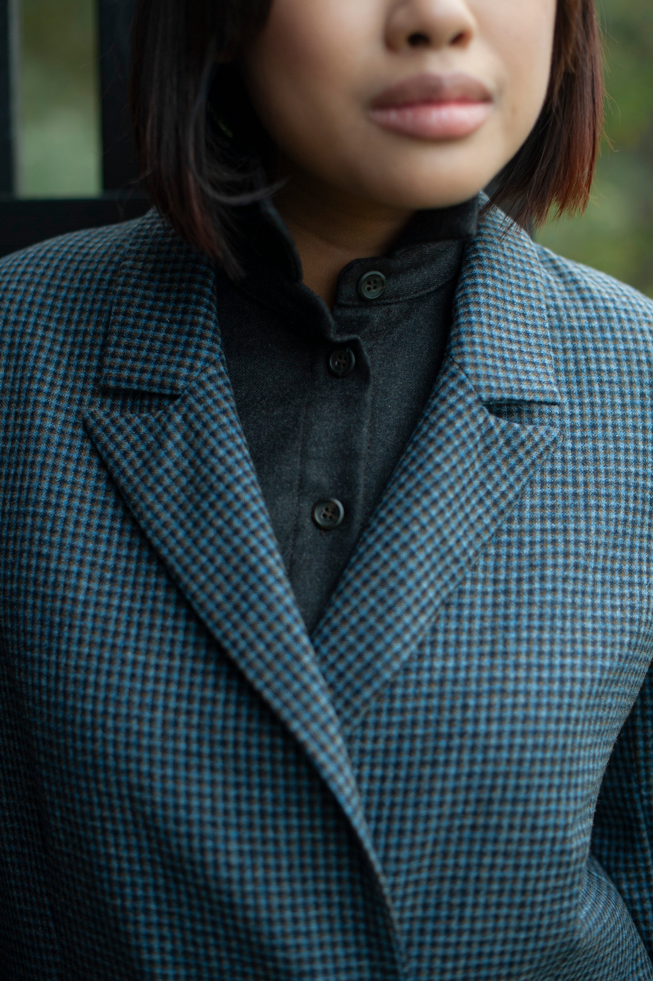 Double-breasted blue checked wool blend blazer