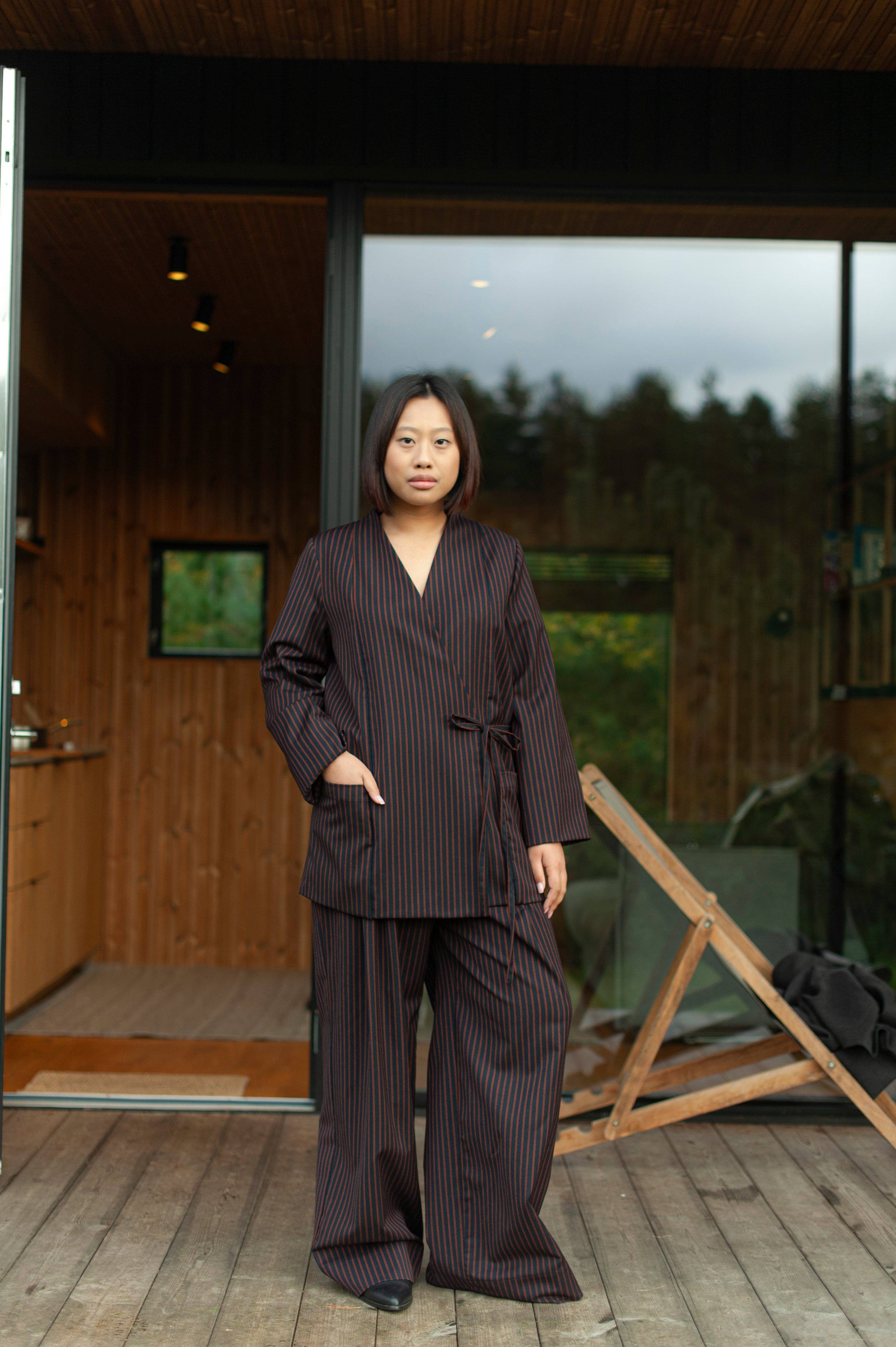 Brown strip Japanese style-inspired wrap top with wide sleeves, long hem and wide sleeves, pair with matching wide-leg pants.