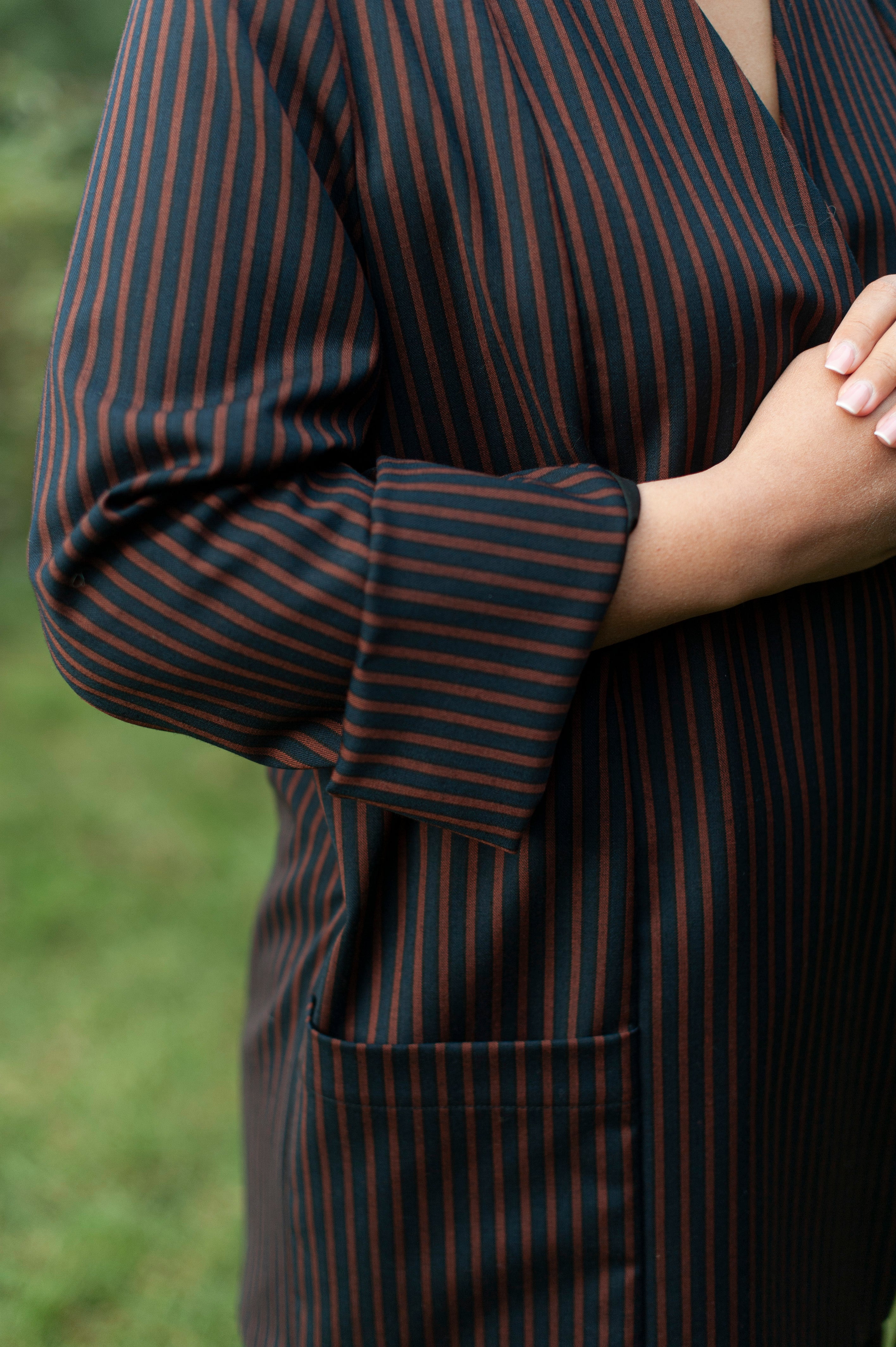 Brown strip Japanese style-inspired wrap top with wide sleeves, long hem and wide sleeves.