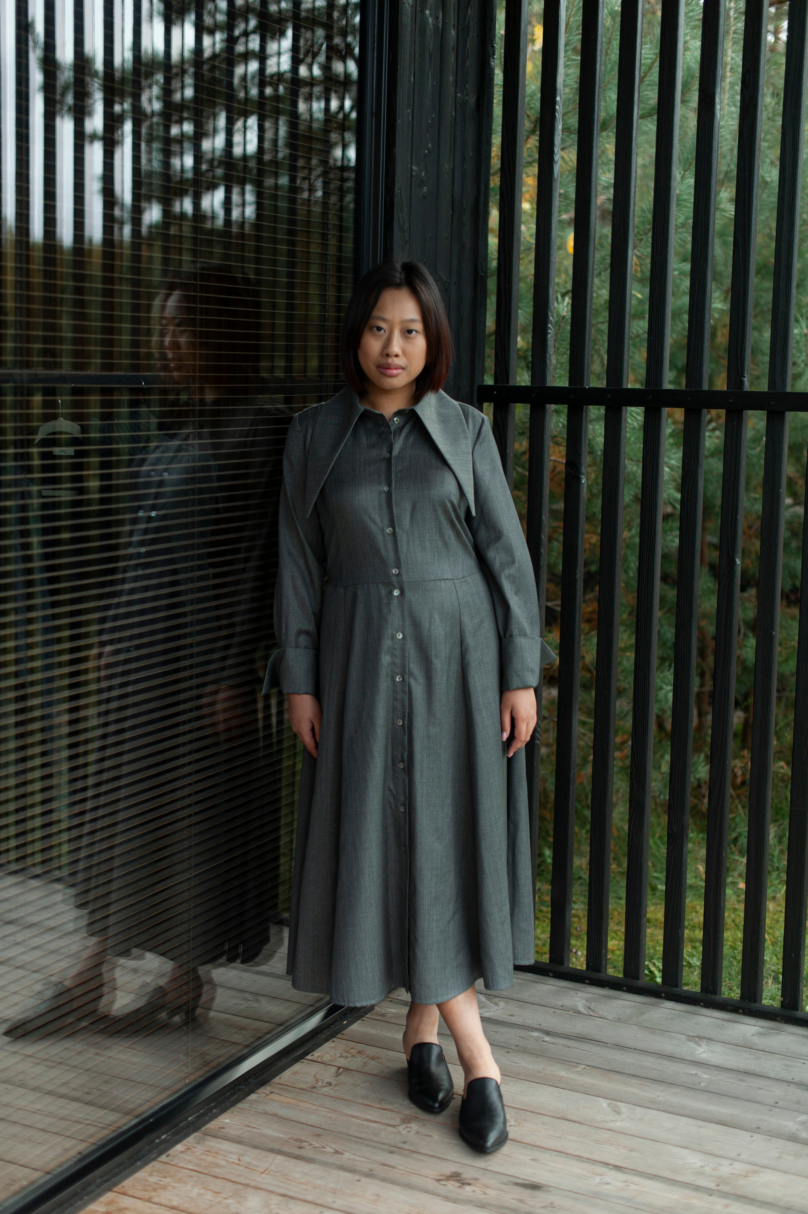 Grey 100% merino wool A-line shirt dress with an oversized collar with pointy ends.