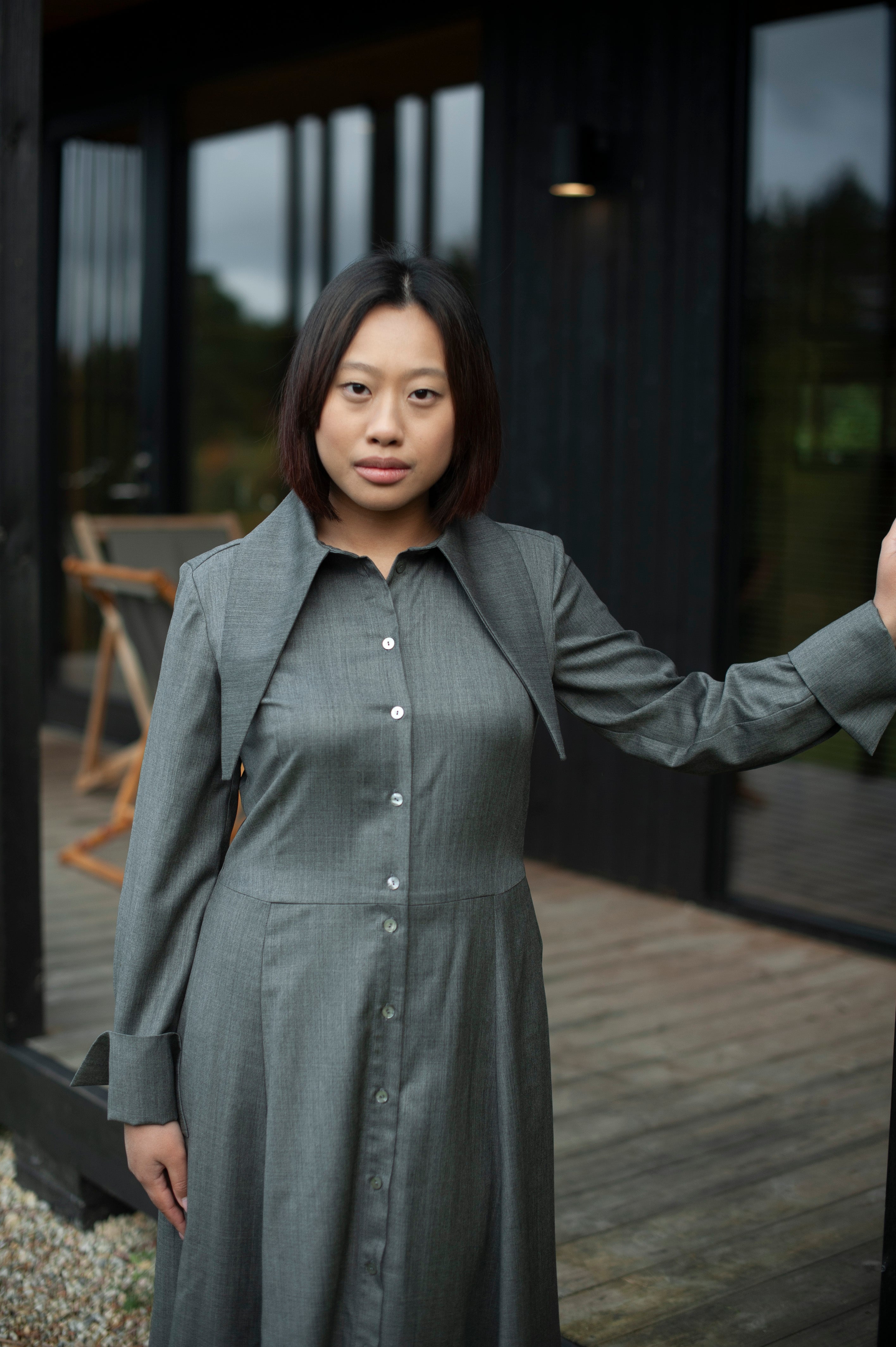 Grey 100% merino wool A-line shirt dress with an oversized collar with pointy ends.