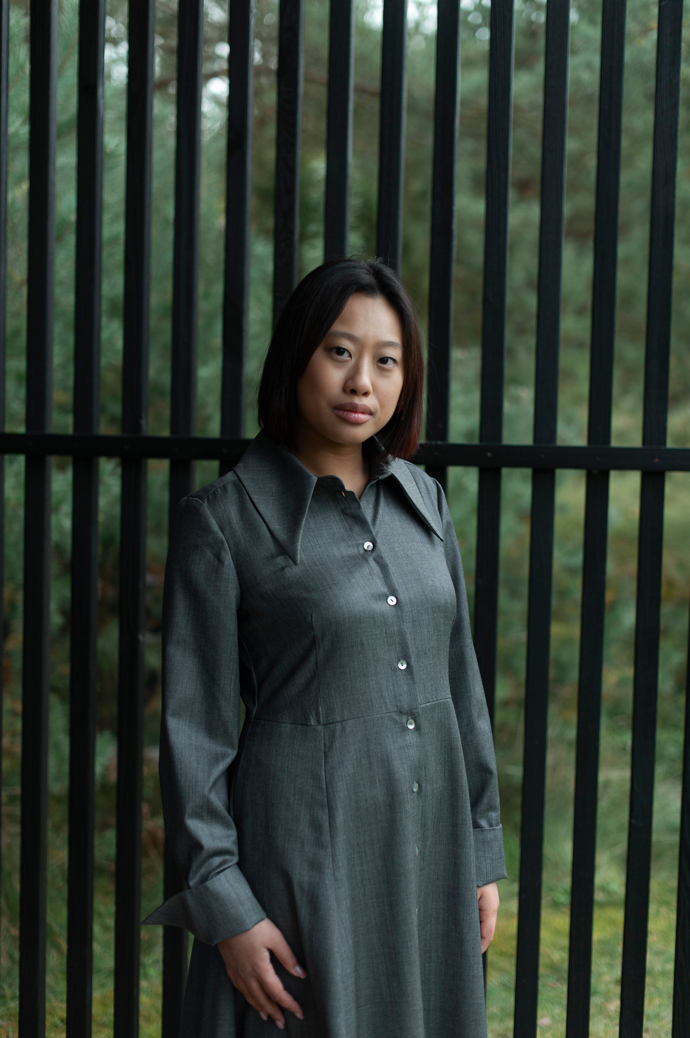 Luxury merino wool shirt dress with large collar