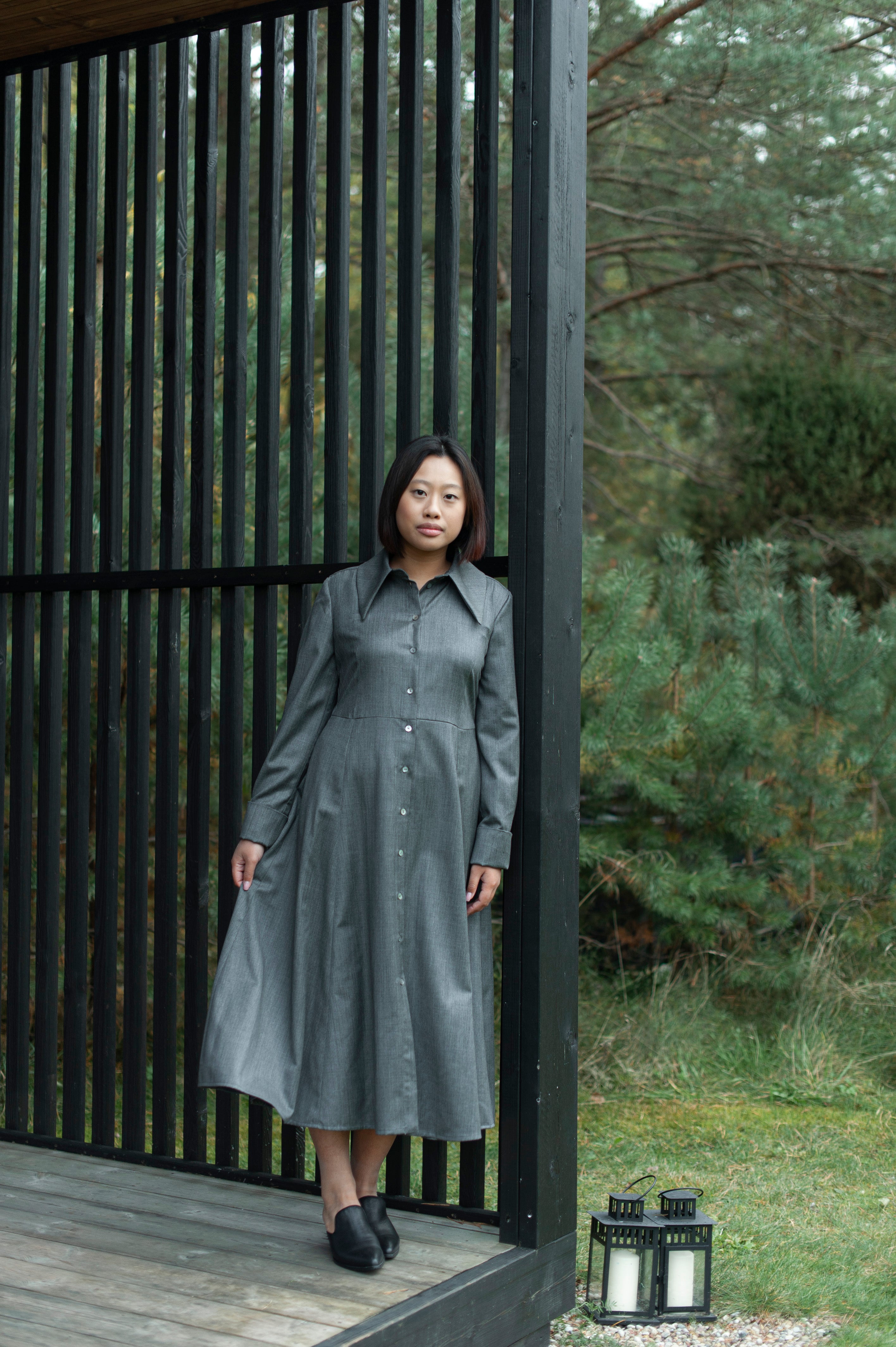 Luxury merino wool shirt dress with large collar