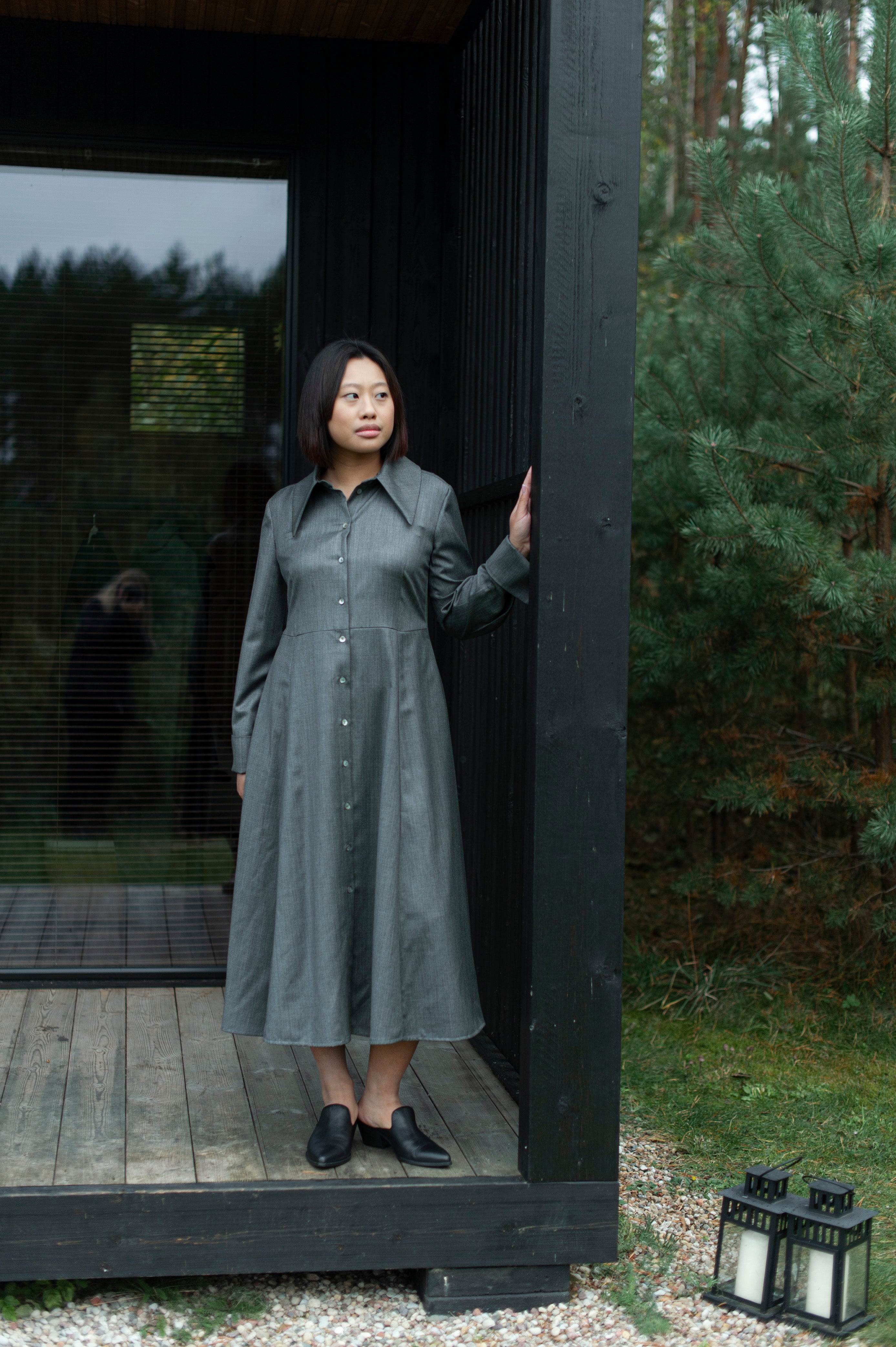 Luxury merino wool shirt dress with large collar