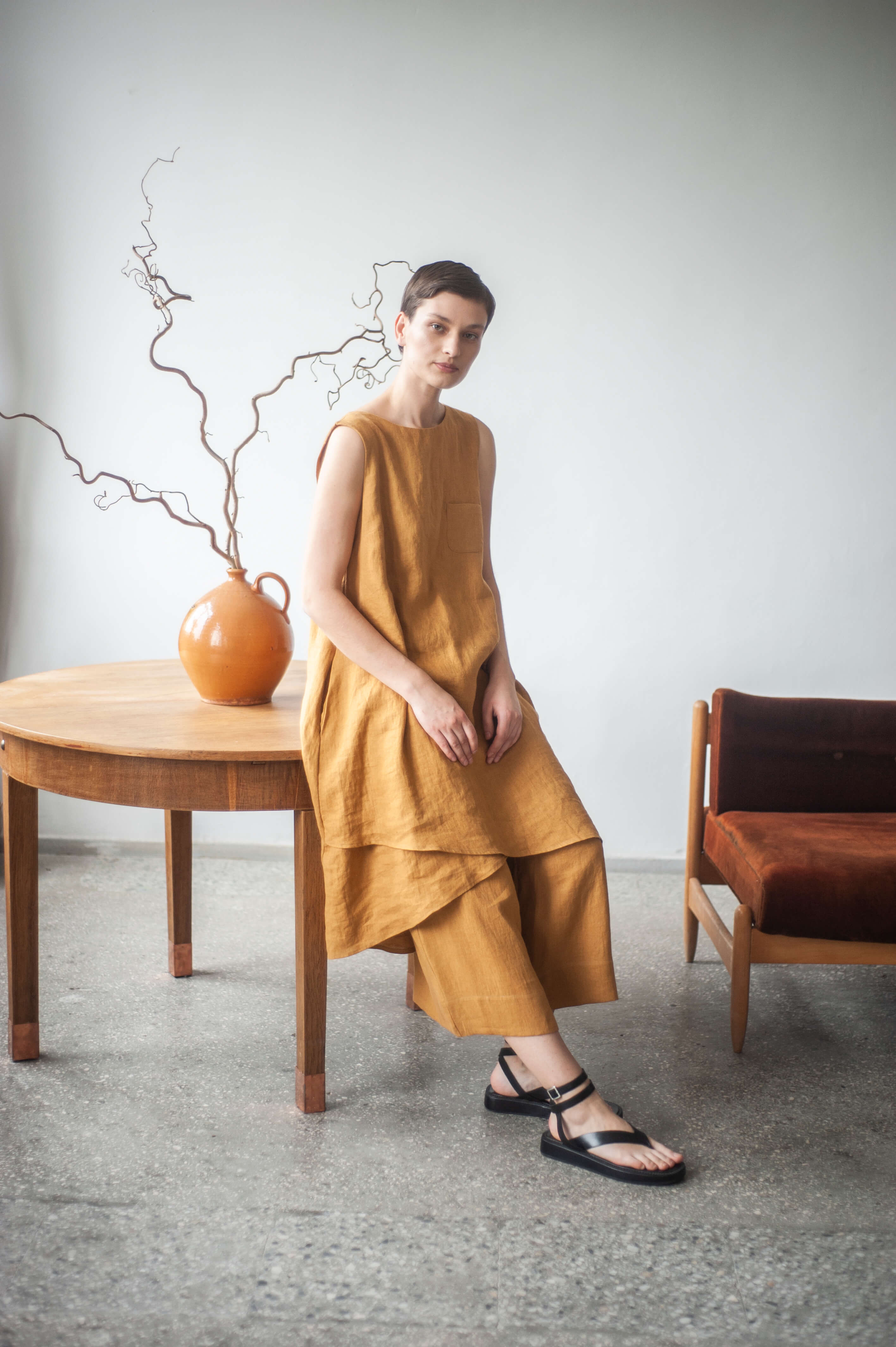 Wide leg drawstring linen trousers CAMILA