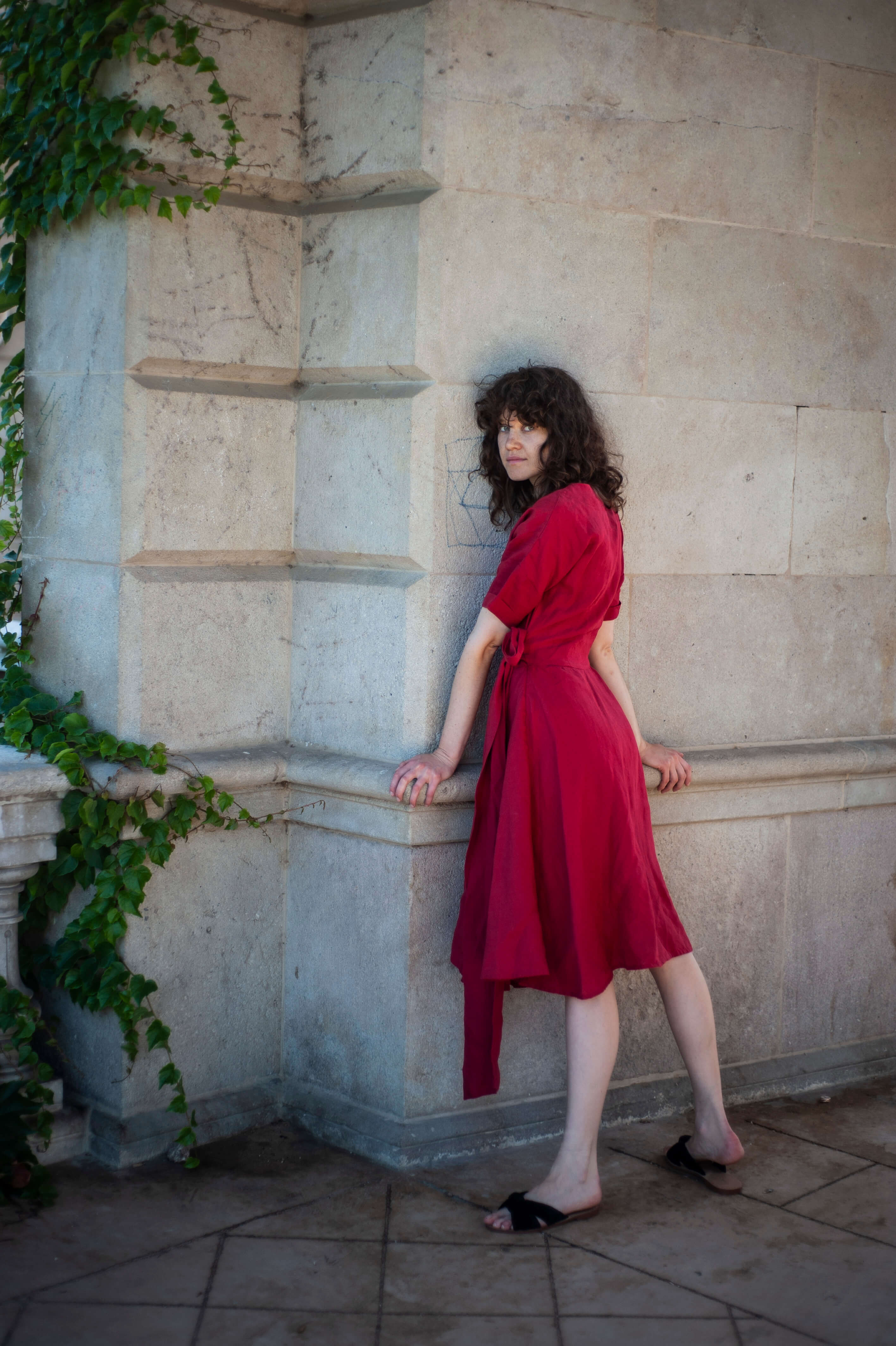 Red linen midi kimono dress CHO
