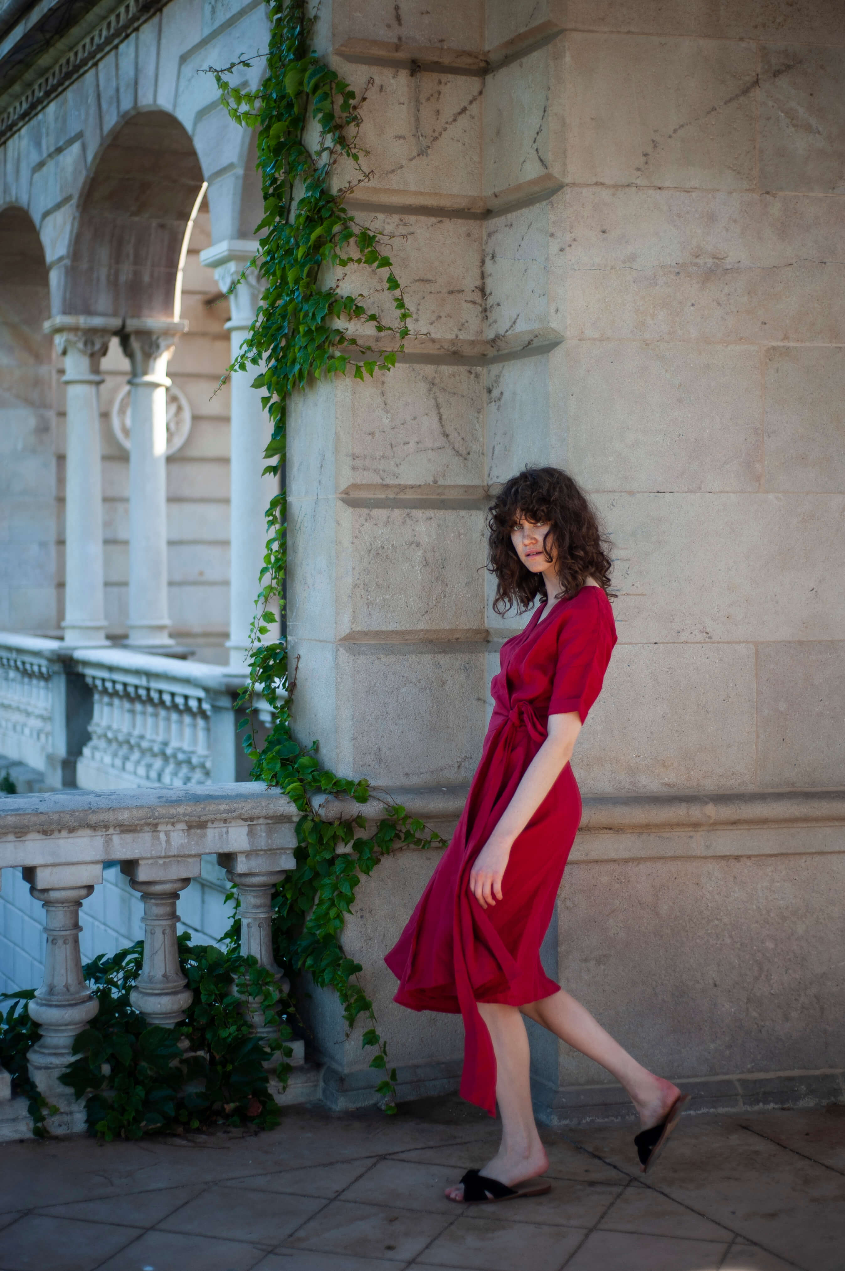 Red linen midi kimono dress CHO