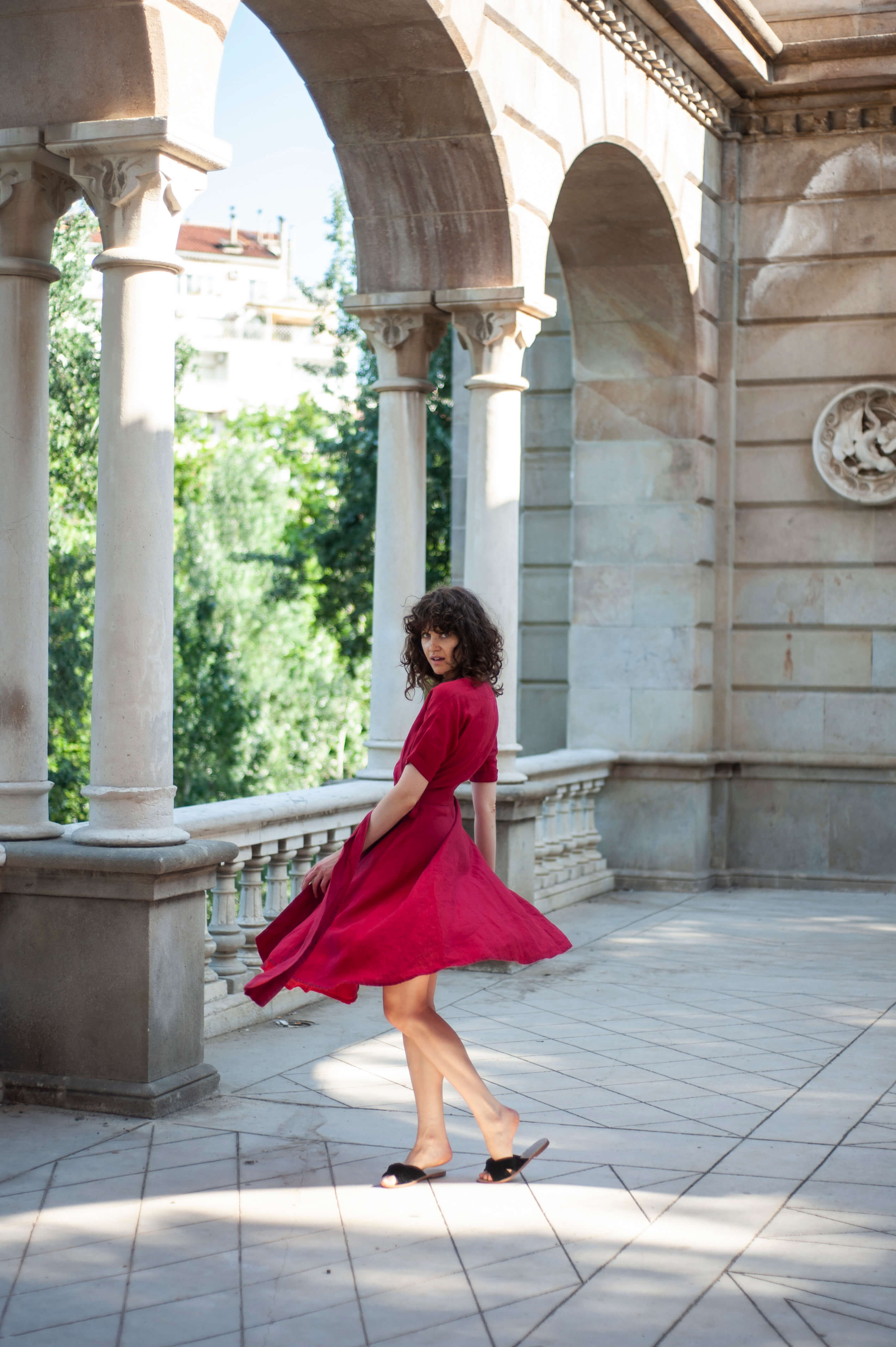 Red linen midi kimono dress CHO
